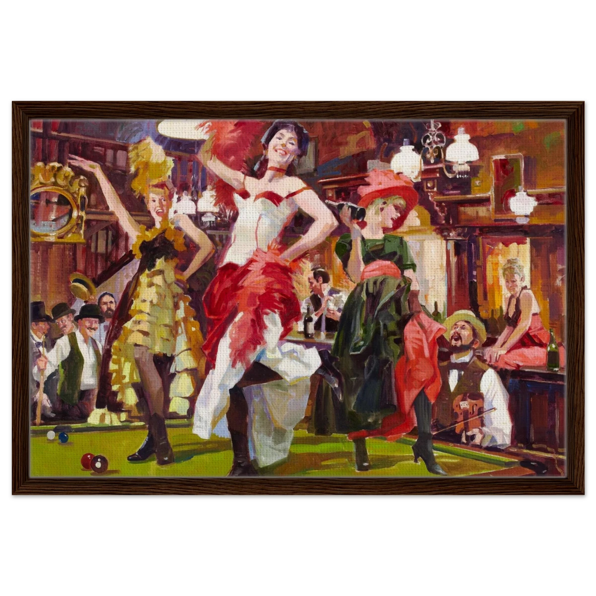 "Saloon Soirée" – Can - Can Dancers in a Wild West Saloon by Bob Byerley | Vintage Western Wall Art Print - Framed Canvas - 50x75 cm / 20x30″ - Dark wood frame