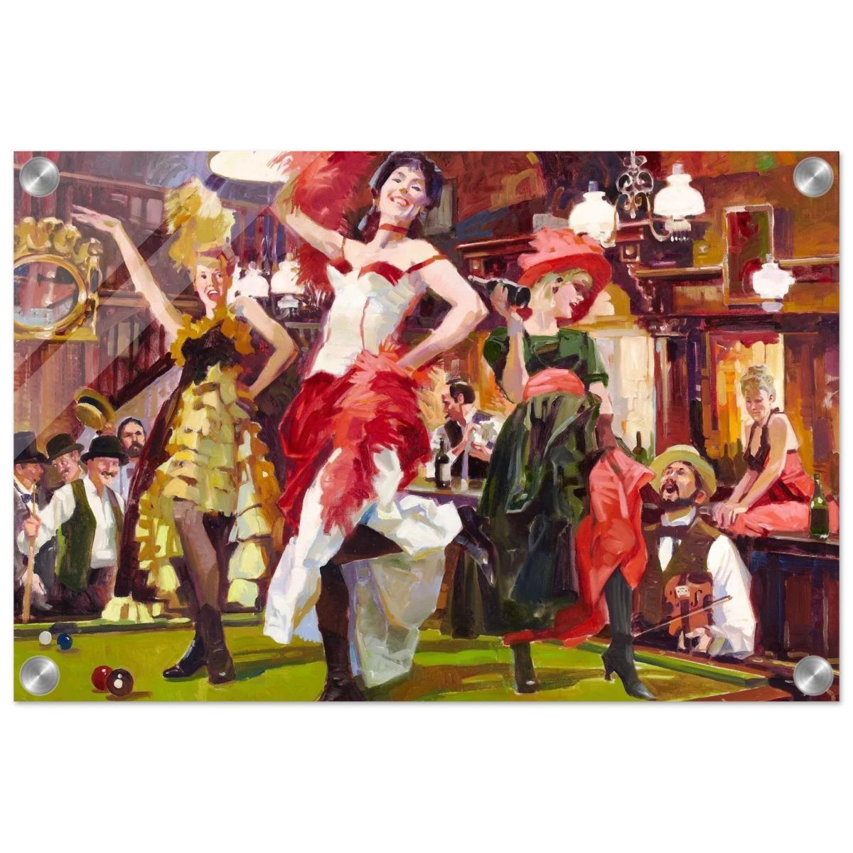 "Saloon Soirée" – Can - Can Dancers in a Wild West Saloon by Bob Byerley | Vintage Western Wall Art Print - Acrylic Print - 30x45 cm / 12x18″ -
