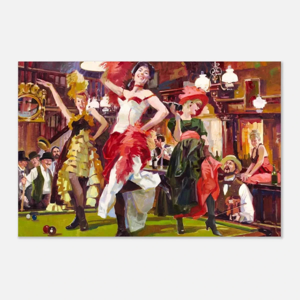 "Saloon Soirée" – Can - Can Dancers in a Wild West Saloon by Bob Byerley | Vintage Western Wall Art Print - Aluminum Print - 50x75 cm / 20x30″ -