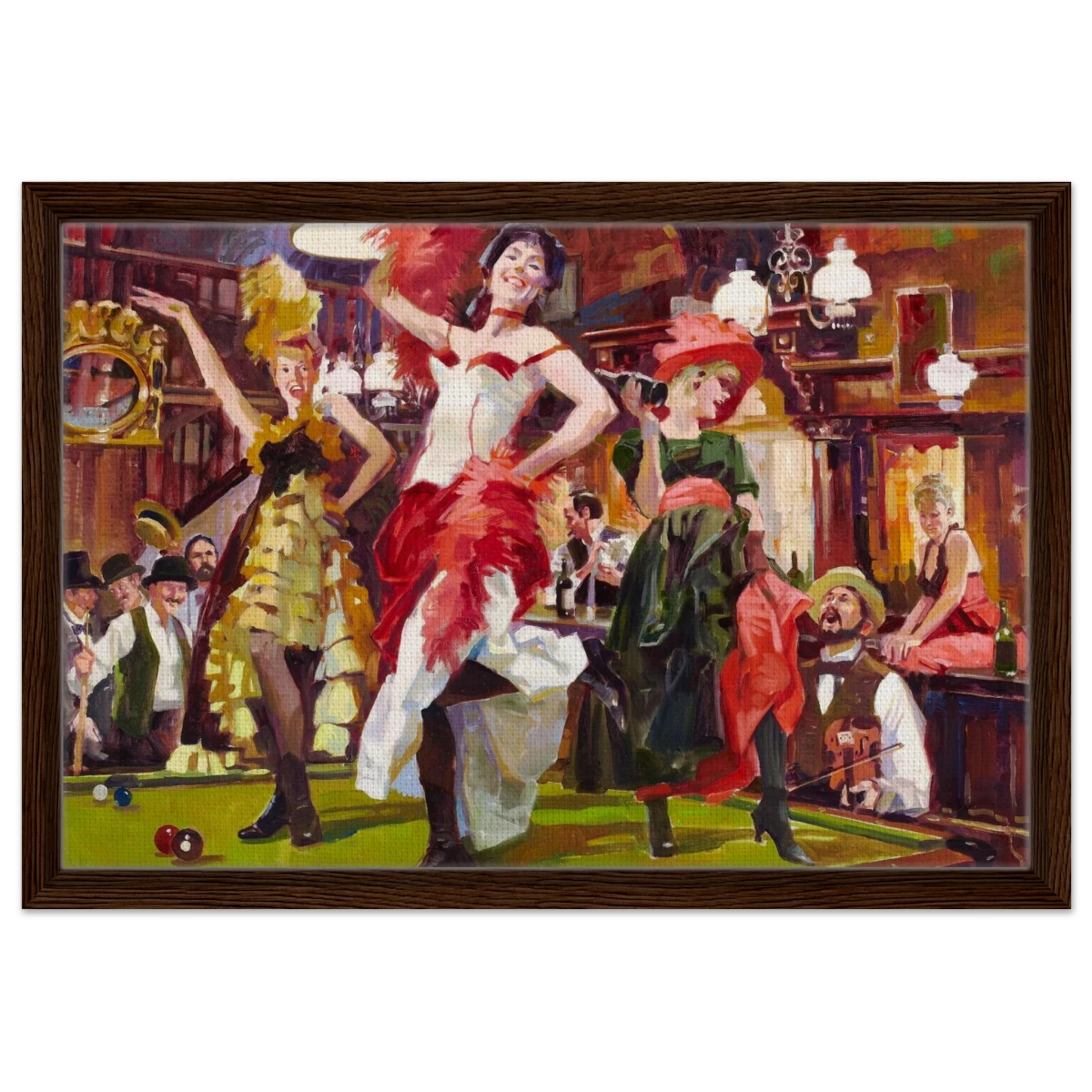 "Saloon Soirée" – Can - Can Dancers in a Wild West Saloon by Bob Byerley | Vintage Western Wall Art Print - Framed Canvas - 40x60 cm / 16x24″ - Dark wood frame