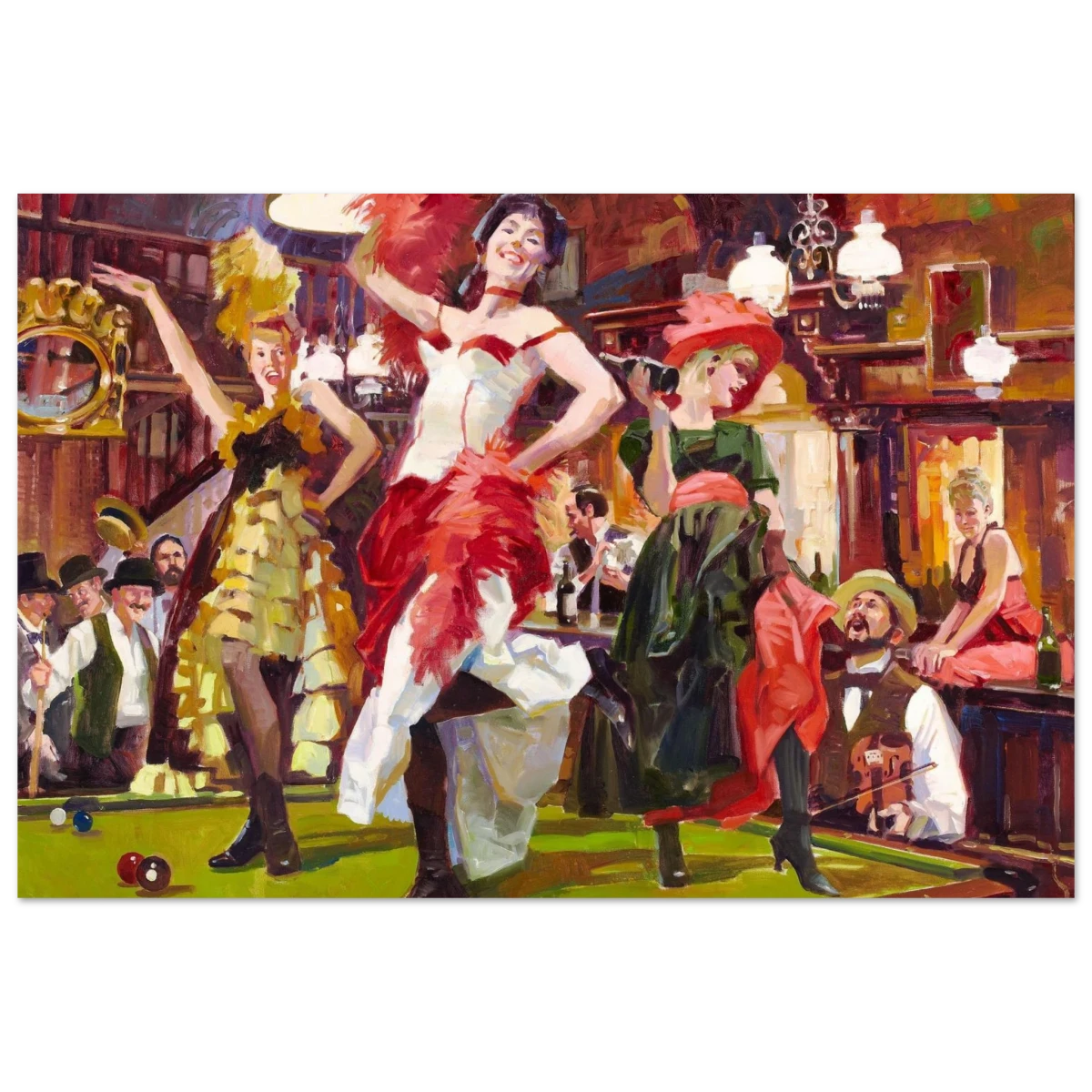 "Saloon Soirée" – Can - Can Dancers in a Wild West Saloon by Bob Byerley | Vintage Western Wall Art Print - Fine Art Poster - 40x60 cm / 16x24″ -