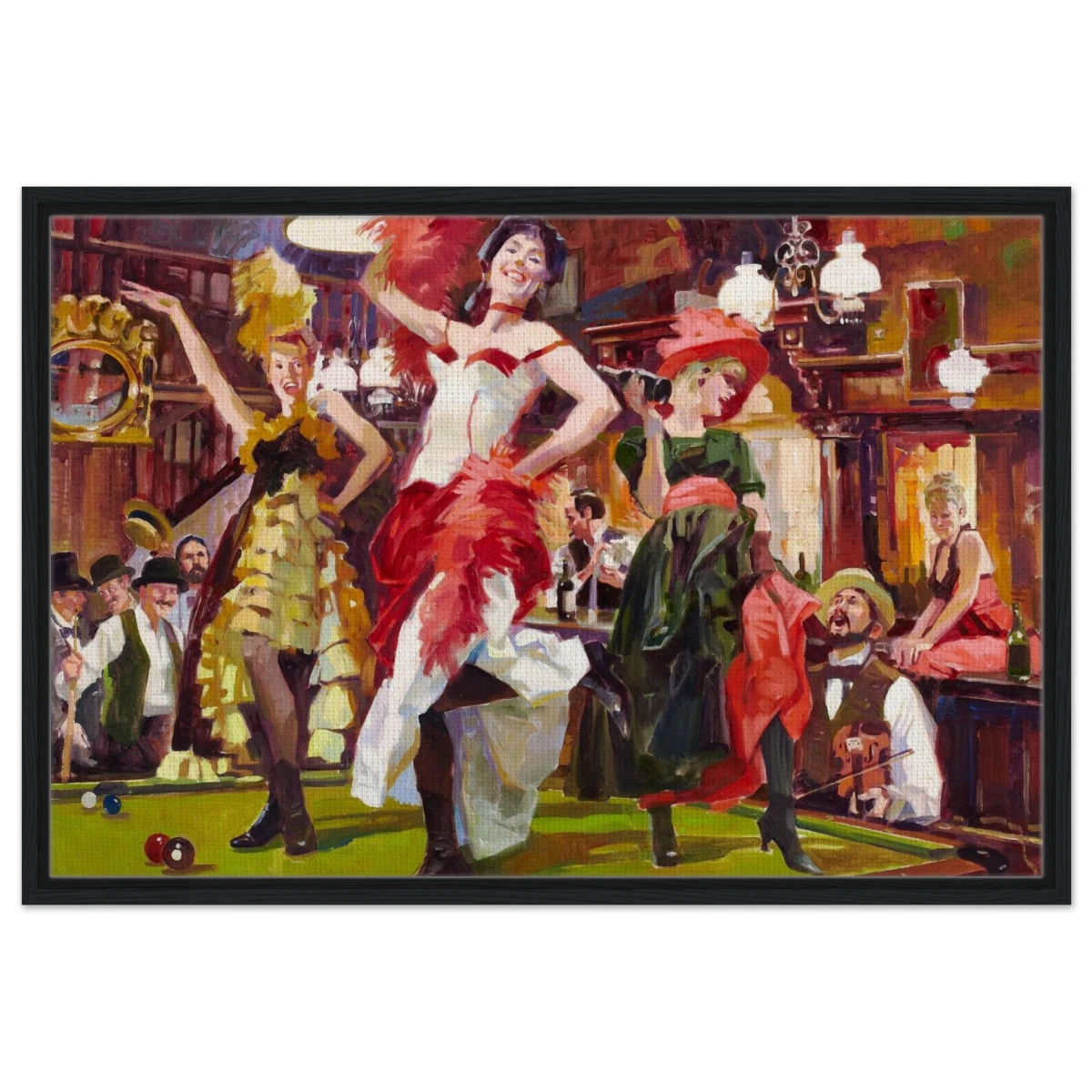 "Saloon Soirée" – Can - Can Dancers in a Wild West Saloon by Bob Byerley | Vintage Western Wall Art Print - Framed Canvas - 60x90 cm / 24x36″ - Black frame