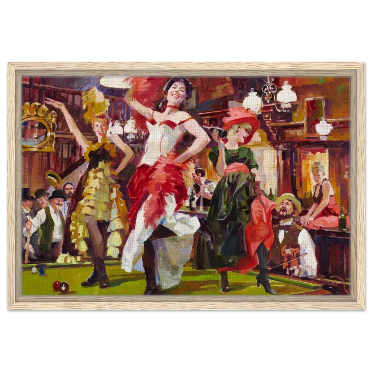 "Saloon Soirée" – Can - Can Dancers in a Wild West Saloon by Bob Byerley | Vintage Western Wall Art Print - Framed Canvas - 40x60 cm / 16x24″ - Wood frame