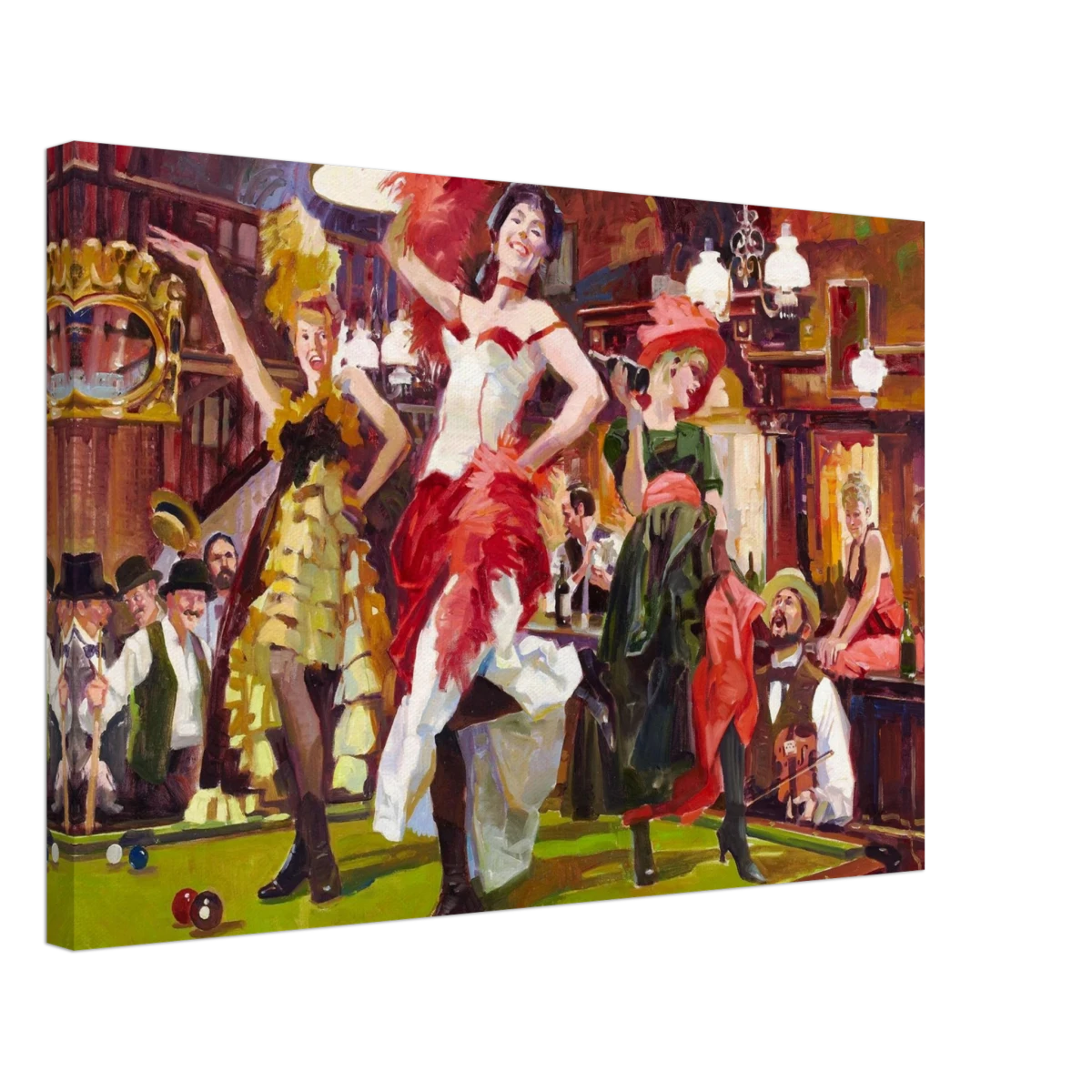 "Saloon Soirée" – Can - Can Dancers in a Wild West Saloon by Bob Byerley | Vintage Western Wall Art Print - Canvas - 40x60 cm / 16x24″ -