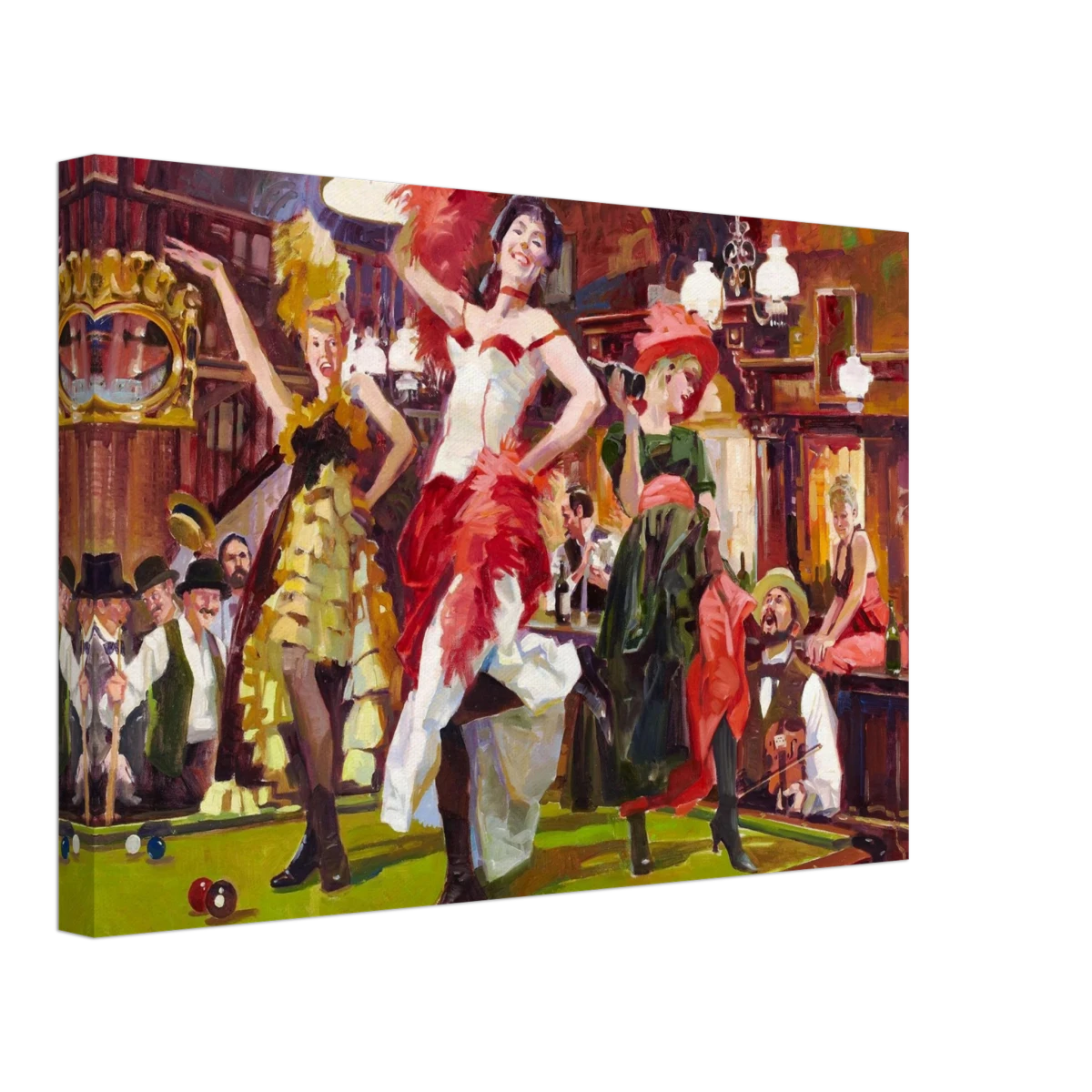 "Saloon Soirée" – Can - Can Dancers in a Wild West Saloon by Bob Byerley | Vintage Western Wall Art Print - Canvas - 30x45 cm / 12x18″ -