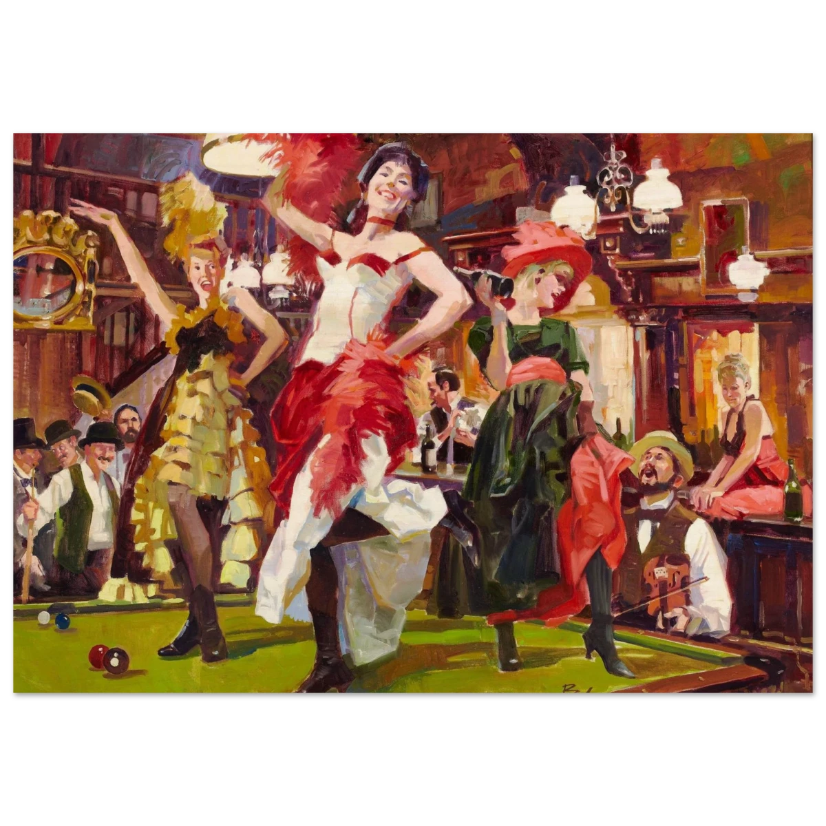 "Saloon Soirée" – Can - Can Dancers in a Wild West Saloon by Bob Byerley | Vintage Western Wall Art Print - Wood Prints - 70x100 cm / 28x40″ -
