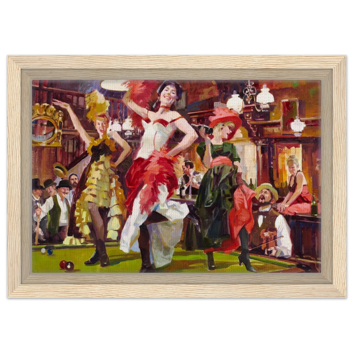"Saloon Soirée" – Can - Can Dancers in a Wild West Saloon by Bob Byerley | Vintage Western Wall Art Print - Framed Canvas - 20x30 cm / 8x12″ - Wood frame