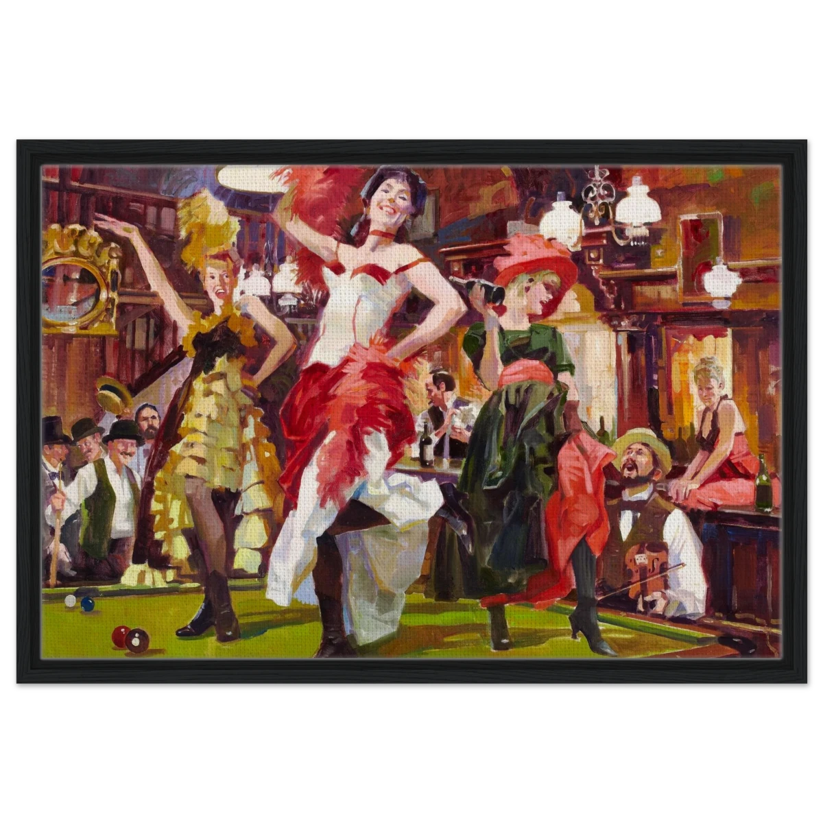 "Saloon Soirée" – Can - Can Dancers in a Wild West Saloon by Bob Byerley | Vintage Western Wall Art Print - Framed Canvas - 50x75 cm / 20x30″ - Black frame