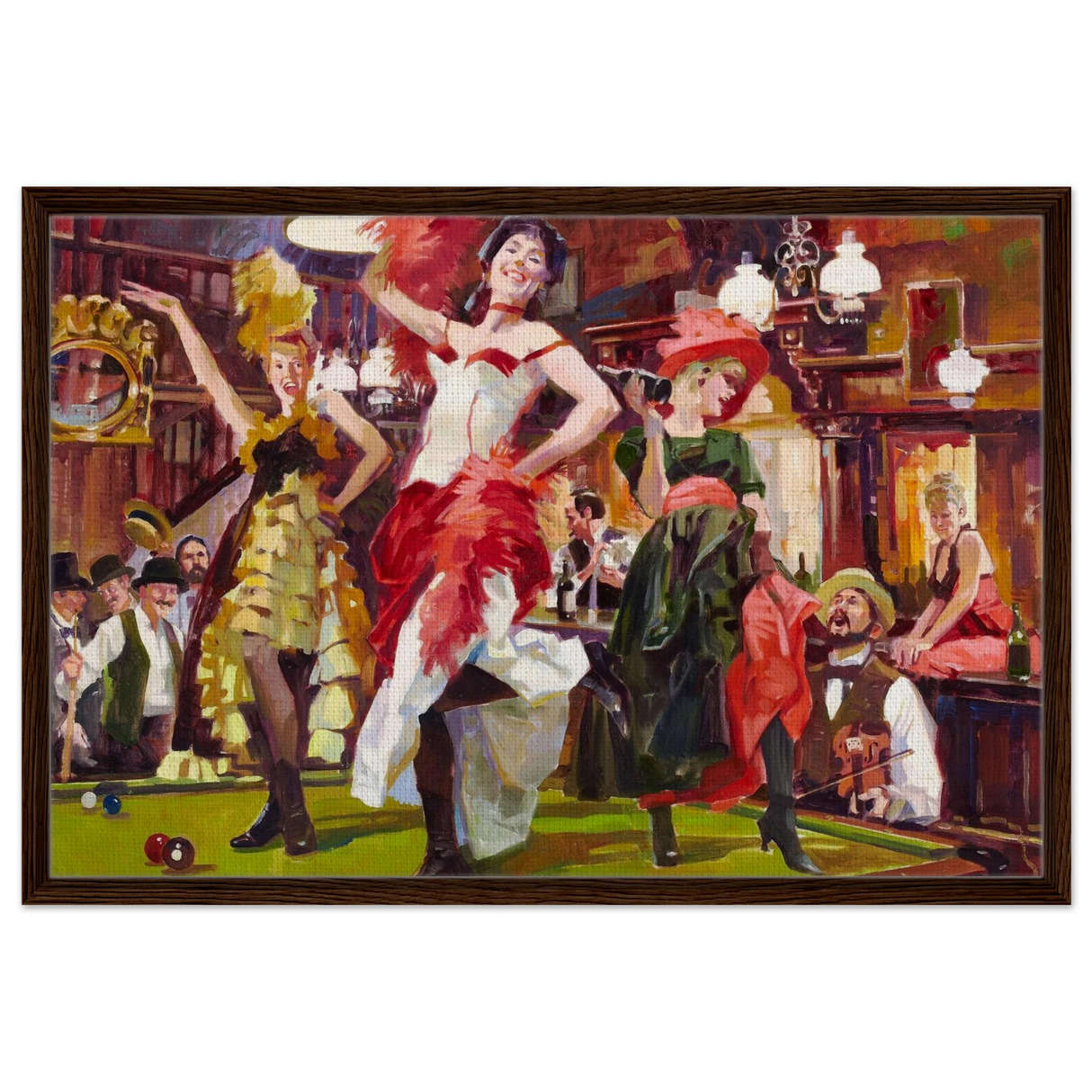 "Saloon Soirée" – Can - Can Dancers in a Wild West Saloon by Bob Byerley | Vintage Western Wall Art Print - Framed Canvas - 60x90 cm / 24x36″ - Dark wood frame