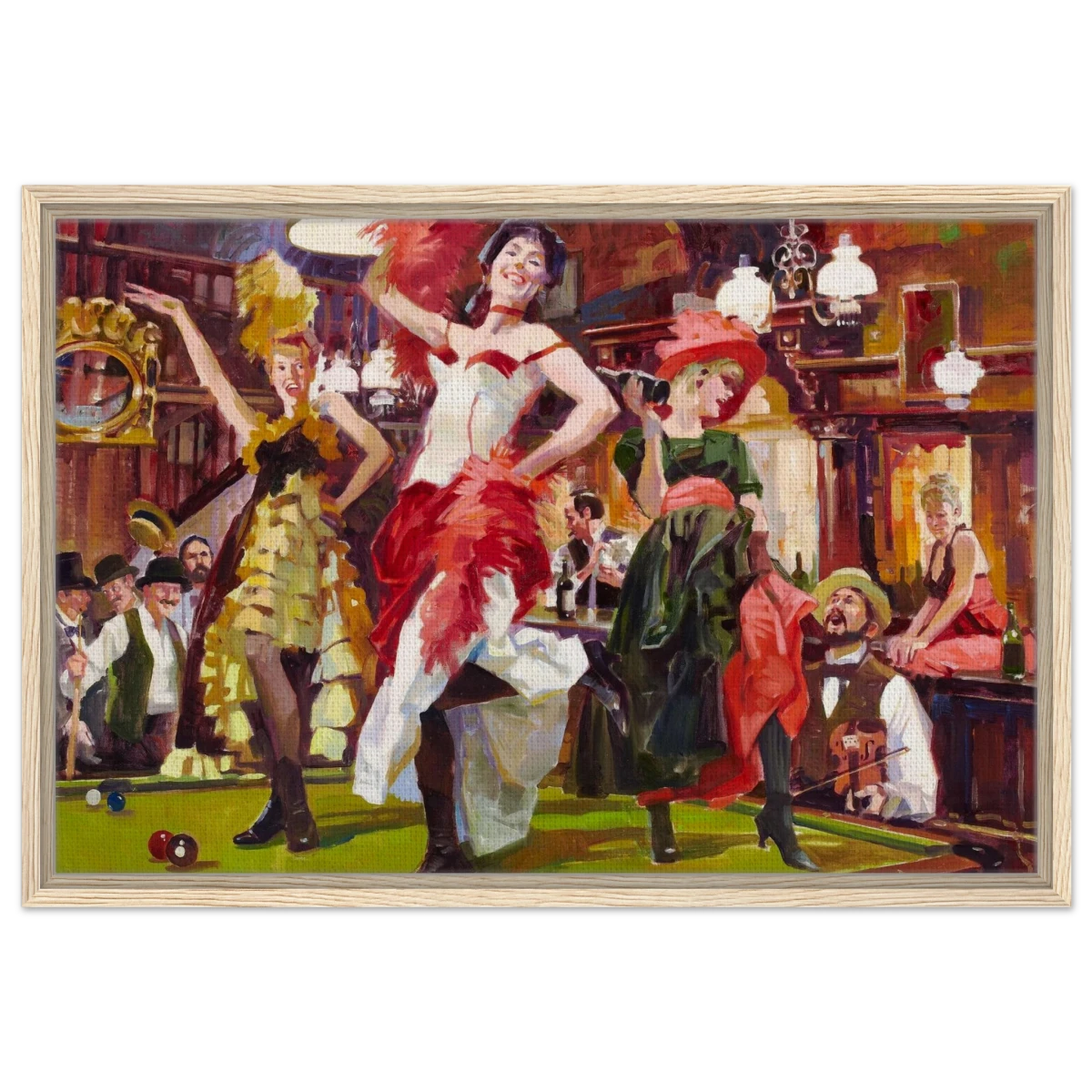 "Saloon Soirée" – Can - Can Dancers in a Wild West Saloon by Bob Byerley | Vintage Western Wall Art Print - Framed Canvas - 50x75 cm / 20x30″ - Wood frame