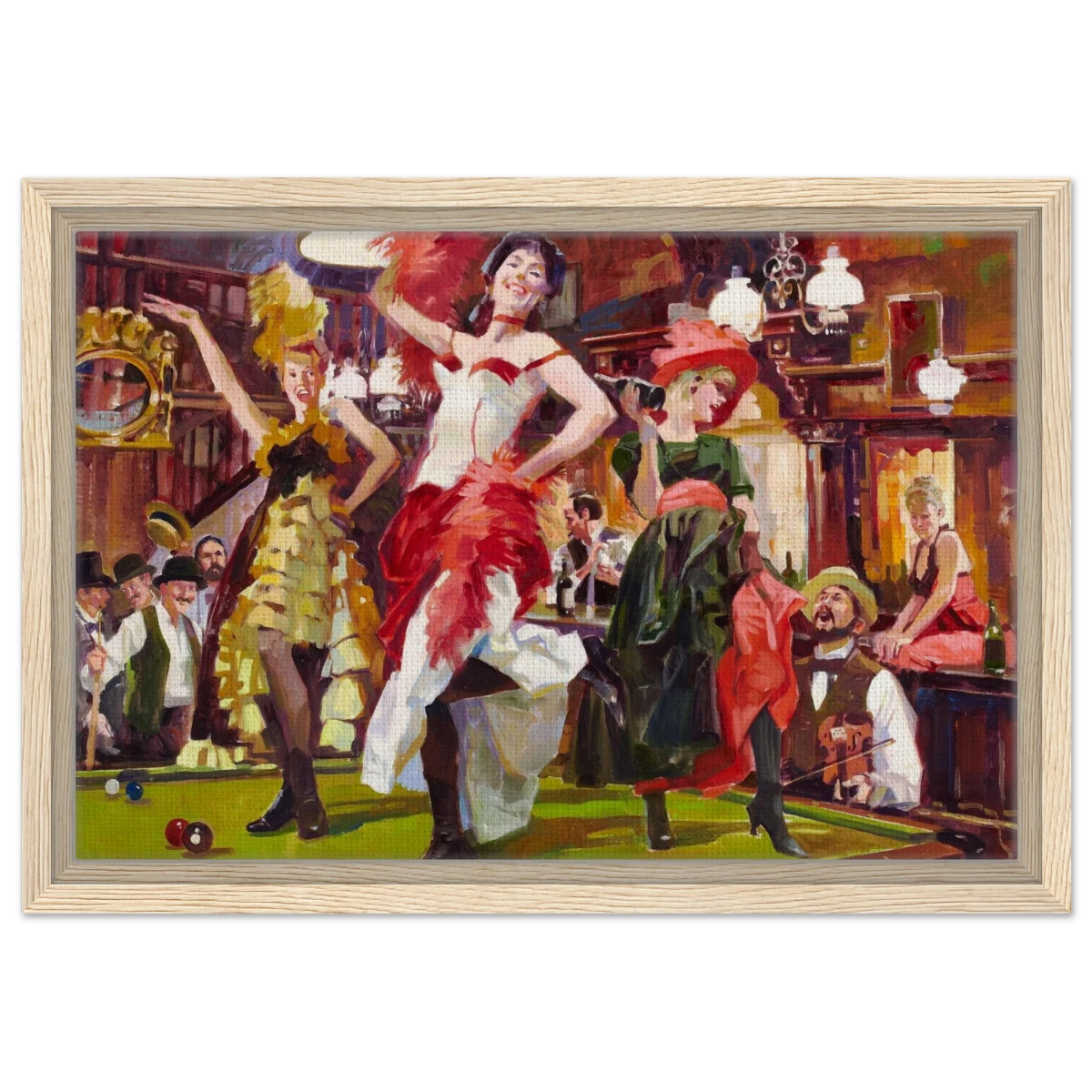 "Saloon Soirée" – Can - Can Dancers in a Wild West Saloon by Bob Byerley | Vintage Western Wall Art Print - Framed Canvas - 30x45 cm / 12x18″ - Wood frame