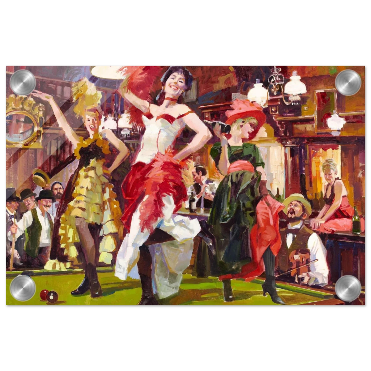 "Saloon Soirée" – Can - Can Dancers in a Wild West Saloon by Bob Byerley | Vintage Western Wall Art Print - Acrylic Print - 20x30 cm / 8x12″ -