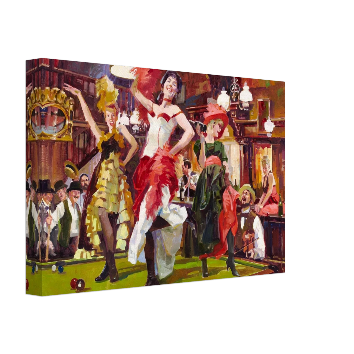 "Saloon Soirée" – Can - Can Dancers in a Wild West Saloon by Bob Byerley | Vintage Western Wall Art Print - Canvas - 20x30 cm / 8x12″ -
