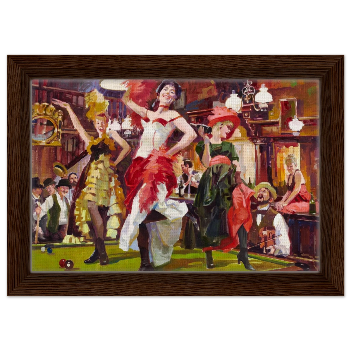 "Saloon Soirée" – Can - Can Dancers in a Wild West Saloon by Bob Byerley | Vintage Western Wall Art Print - Framed Canvas - 20x30 cm / 8x12″ - Dark wood frame