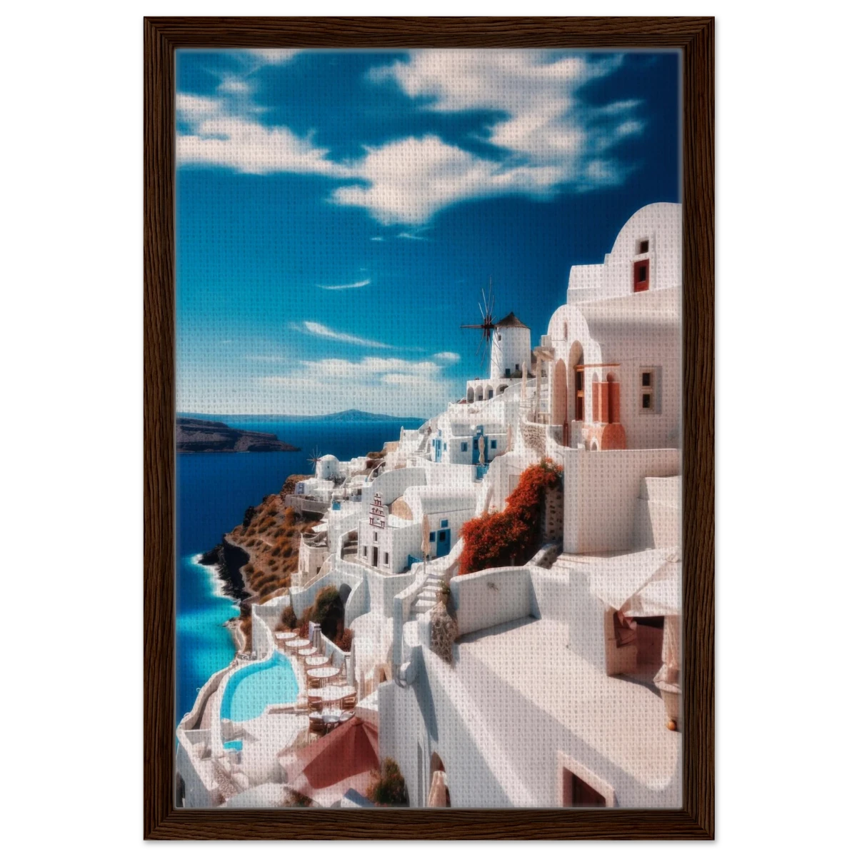 “Santorini Serenity” – Dreamy Greek Island Wall Art Print - Framed Canvas - 40x60 cm / 16x24″ - Dark wood frame