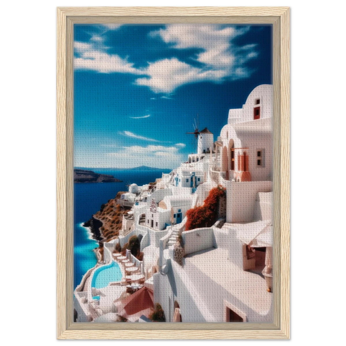 “Santorini Serenity” – Dreamy Greek Island Wall Art Print - Framed Canvas - 30x45 cm / 12x18″ - Wood frame