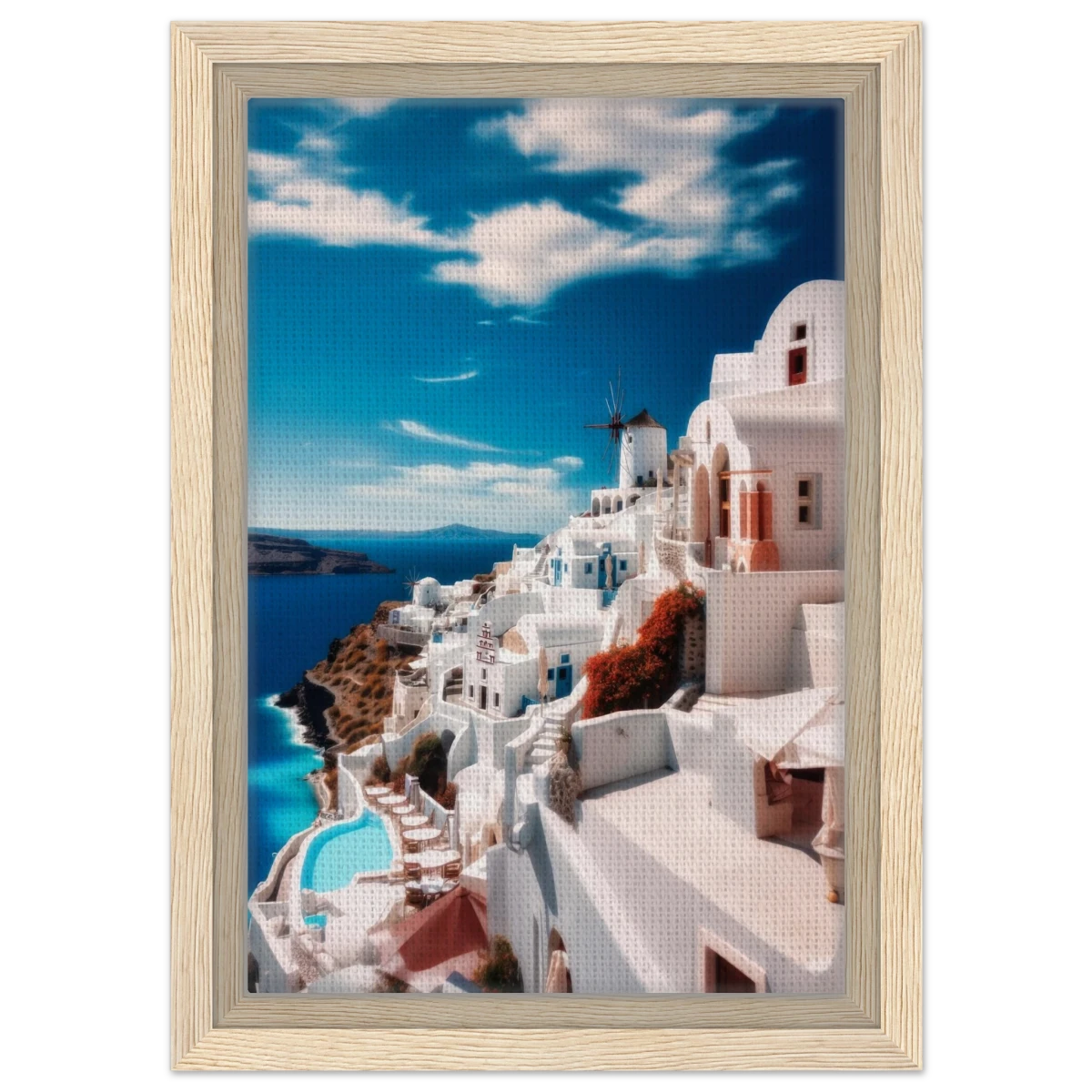 “Santorini Serenity” – Dreamy Greek Island Wall Art Print - Framed Canvas - 20x30 cm / 8x12″ - Wood frame