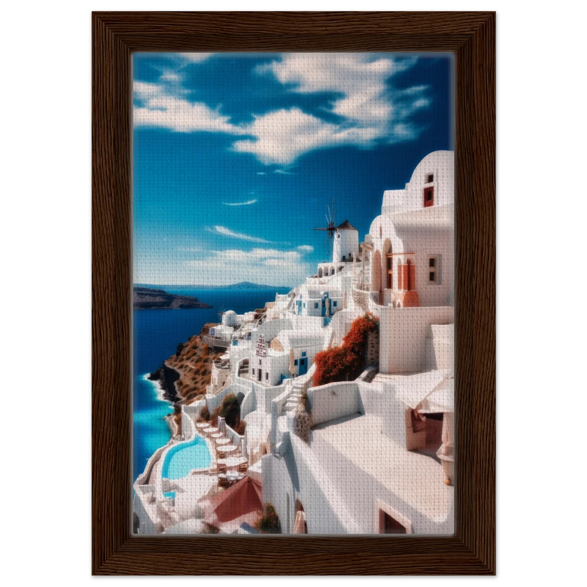“Santorini Serenity” – Dreamy Greek Island Wall Art Print - Framed Canvas - 20x30 cm / 8x12″ - Dark wood frame