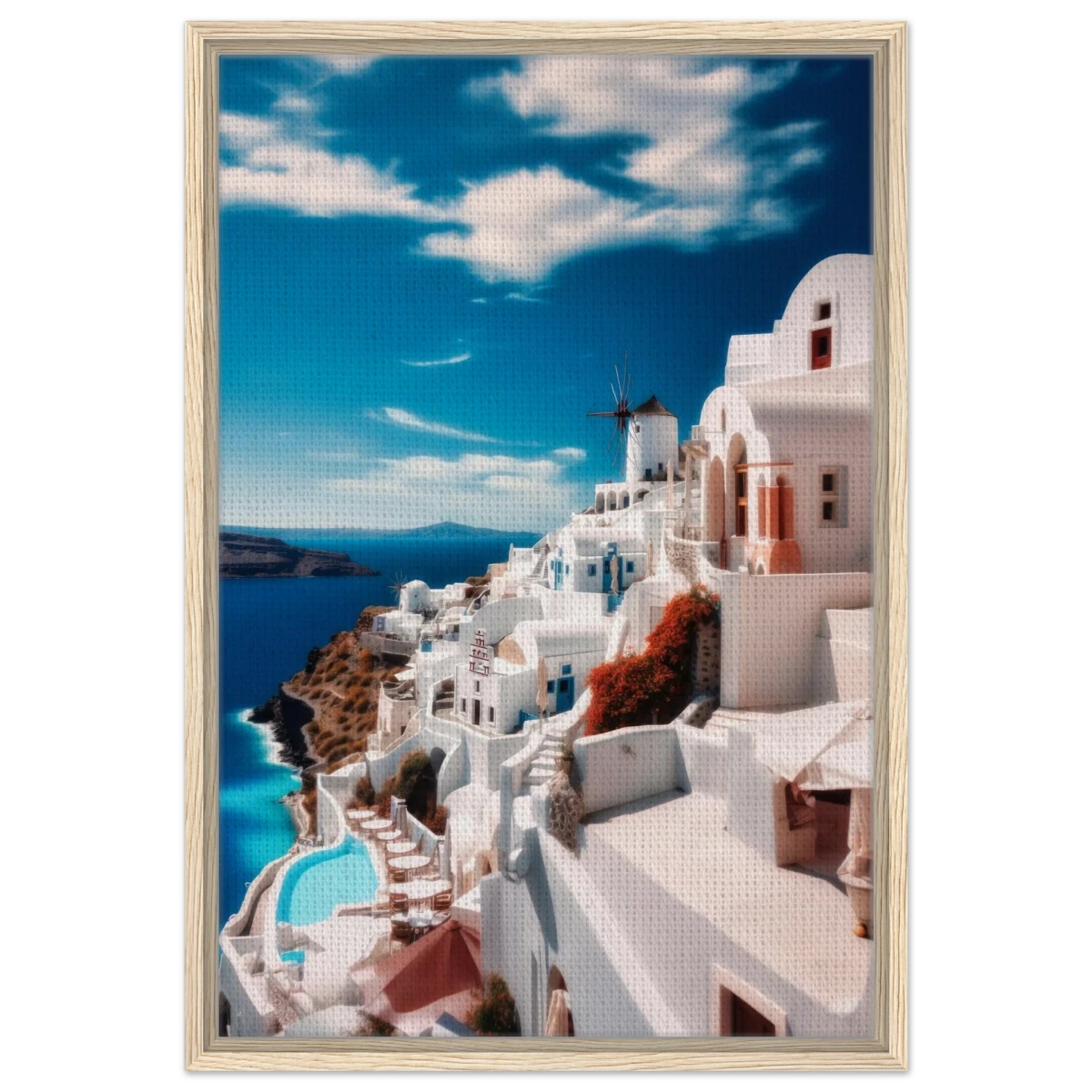 “Santorini Serenity” – Dreamy Greek Island Wall Art Print - Framed Canvas - 50x75 cm / 20x30″ - Wood frame