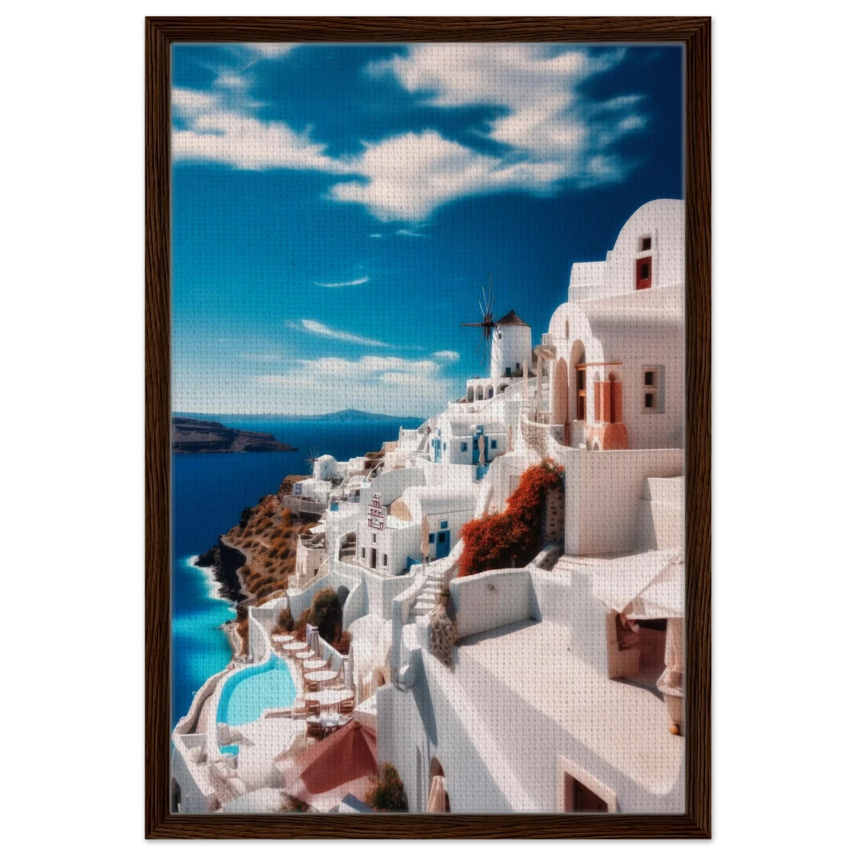 “Santorini Serenity” – Dreamy Greek Island Wall Art Print - Framed Canvas - 50x75 cm / 20x30″ - Dark wood frame