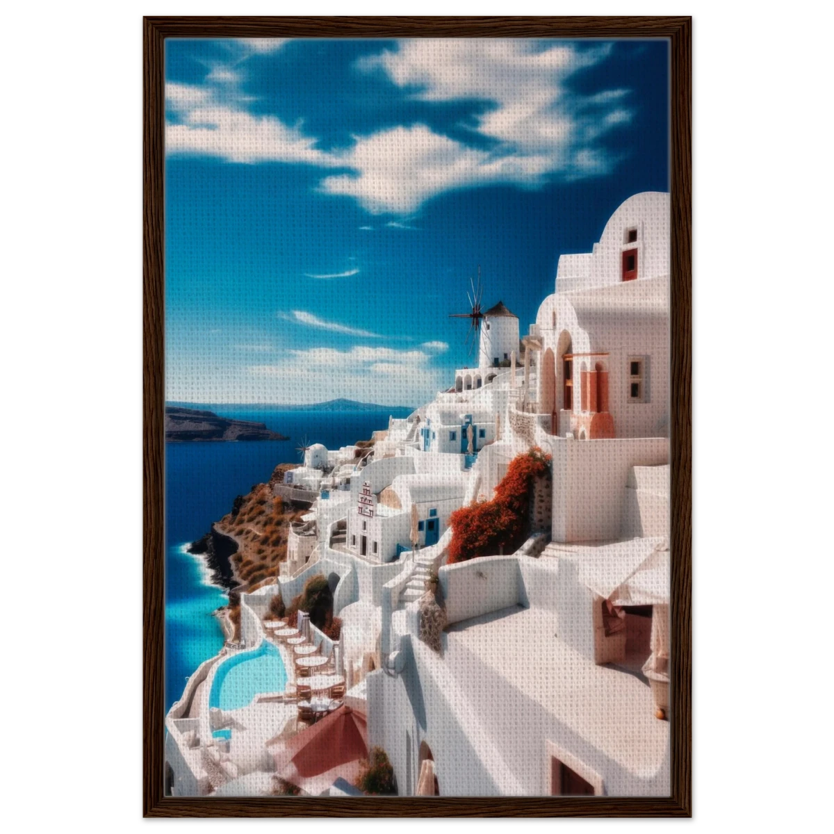 “Santorini Serenity” – Dreamy Greek Island Wall Art Print - Framed Canvas - 60x90 cm / 24x36″ - Dark wood frame