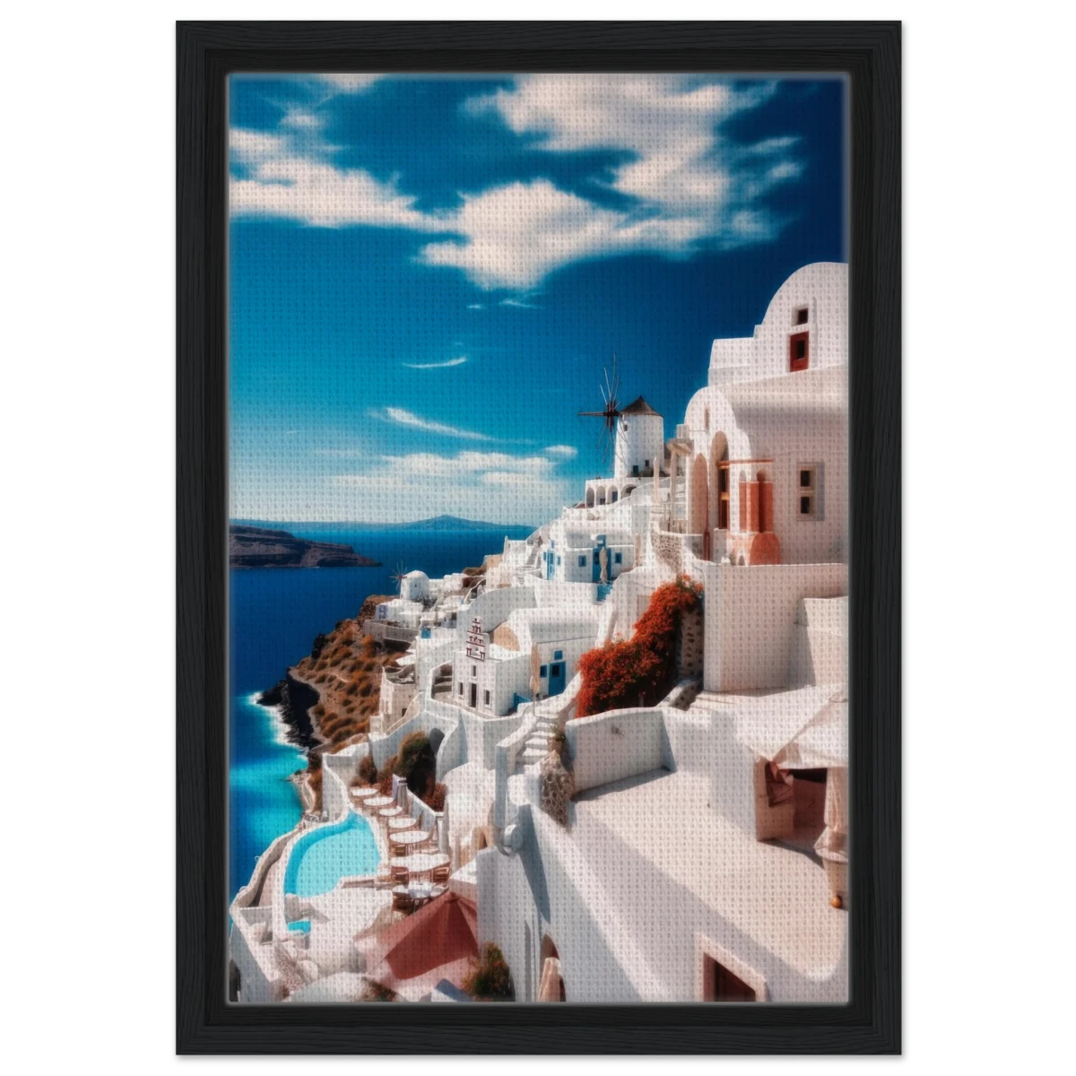 “Santorini Serenity” – Dreamy Greek Island Wall Art Print - Framed Canvas - 30x45 cm / 12x18″ - Black frame
