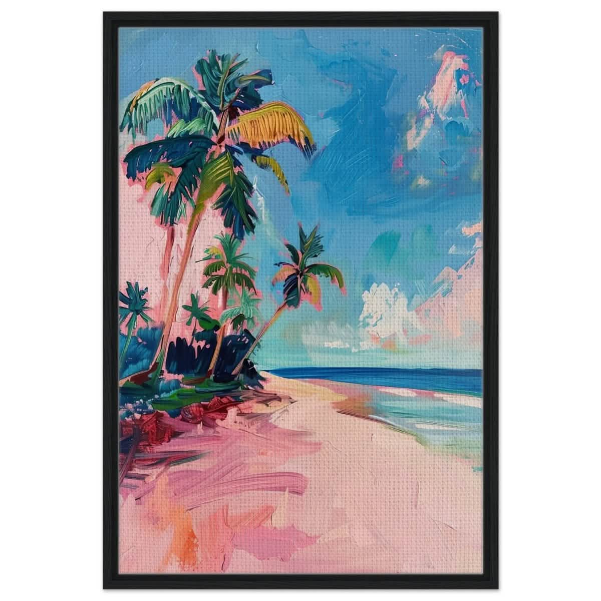 Seaside Dreams | Vibrant Mediterranean Wall Art | Palm Beach wall art print - Framed Canvas - 30x45 cm / 12x18″ - Black frame