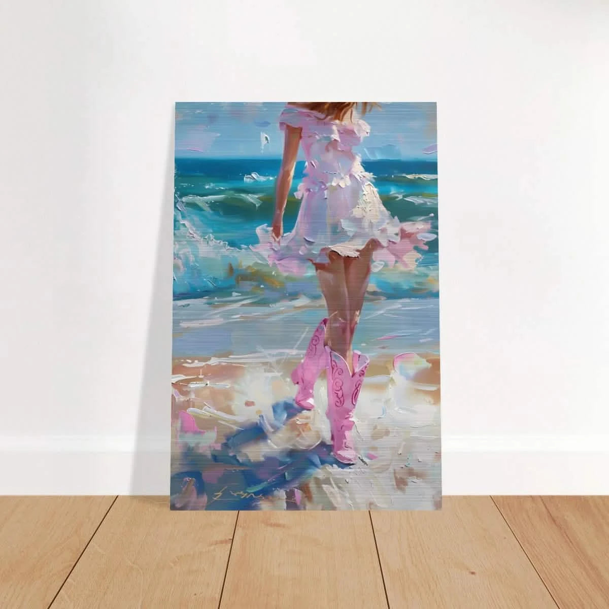 "Seaside Sass" – Pink Boots & Ocean Breeze | Wall Art Print - Brushed Aluminum Print - 50x75 cm / 20x30″ -