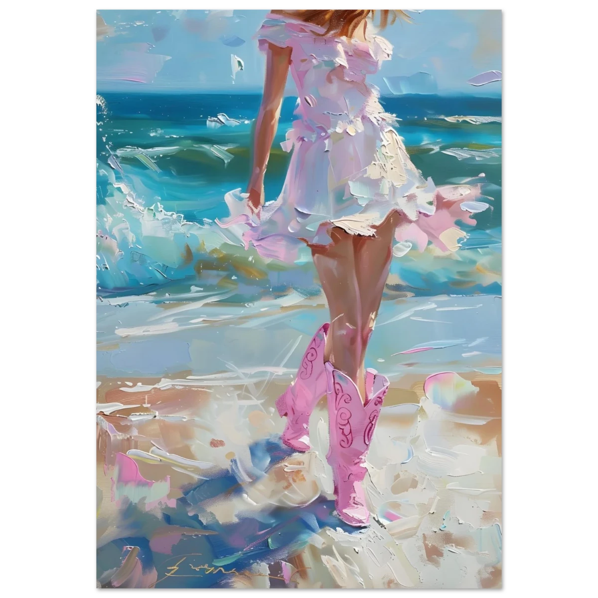 "Seaside Sass" – Pink Boots & Ocean Breeze | Wall Art Print - Fine Art Poster - 70x100 cm / 28x40″ -