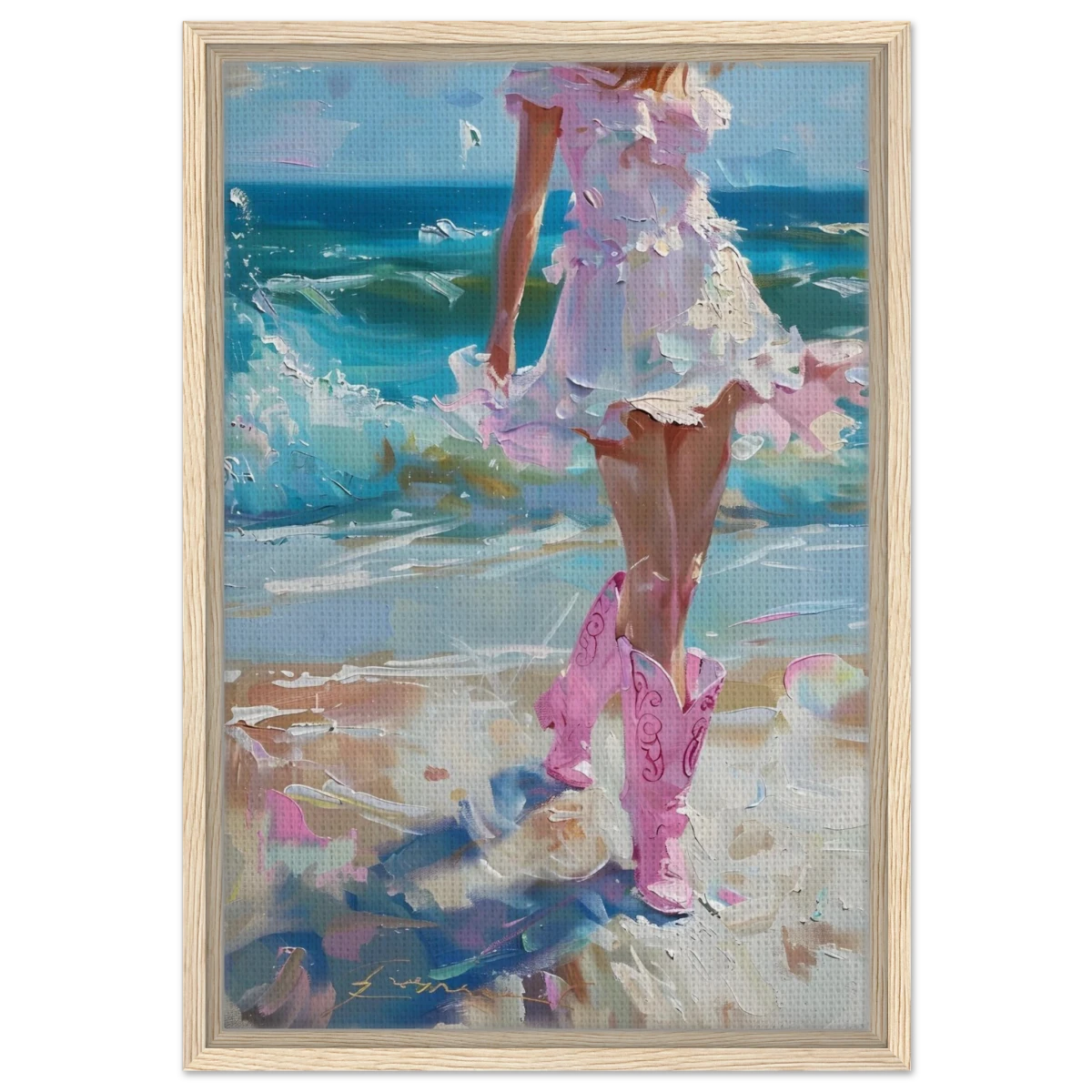 "Seaside Sass" – Pink Boots & Ocean Breeze | Wall Art Print - Framed Canvas - 40x60 cm / 16x24″ - Wood frame