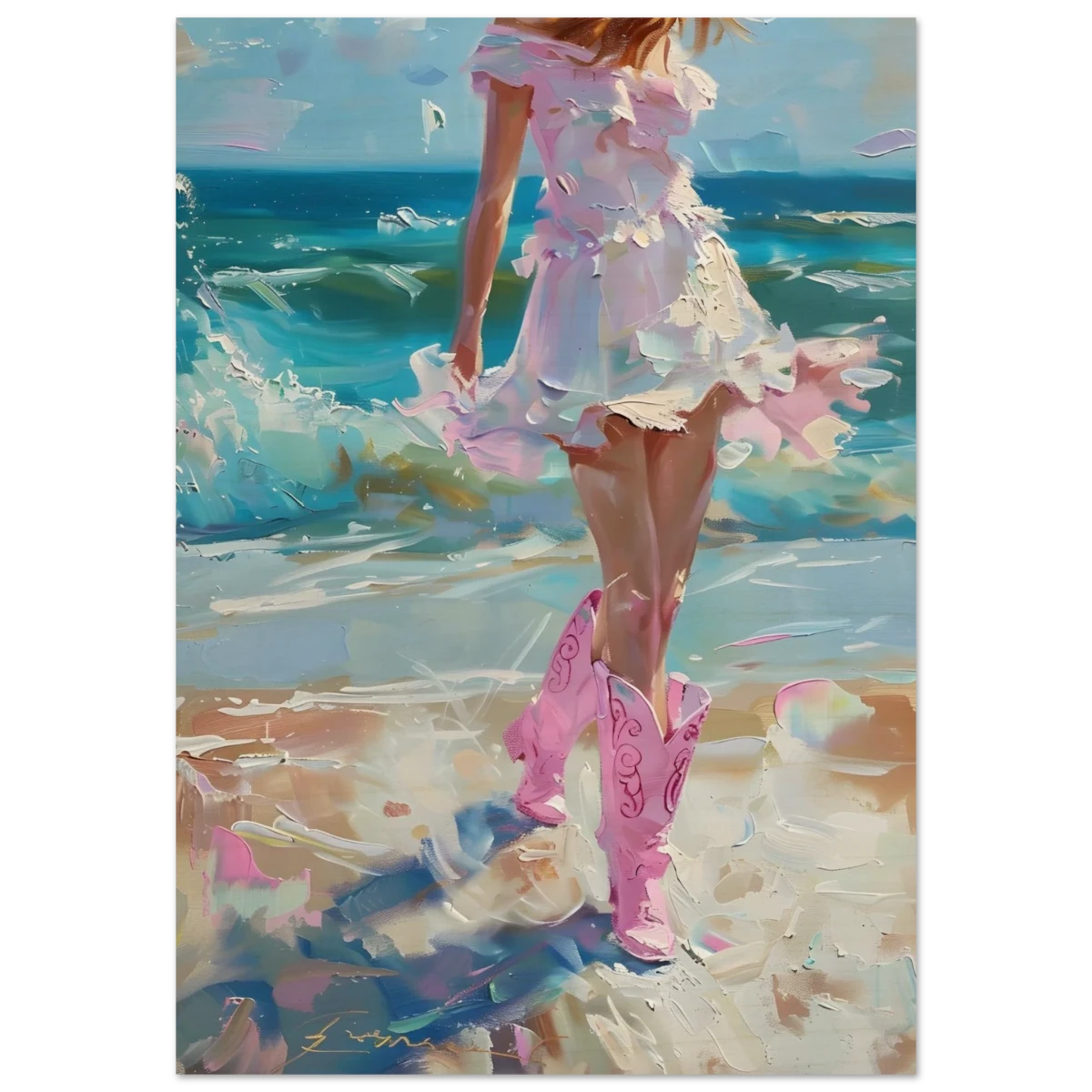 "Seaside Sass" – Pink Boots & Ocean Breeze | Wall Art Print - Wood Prints - 70x100 cm / 28x40″ -