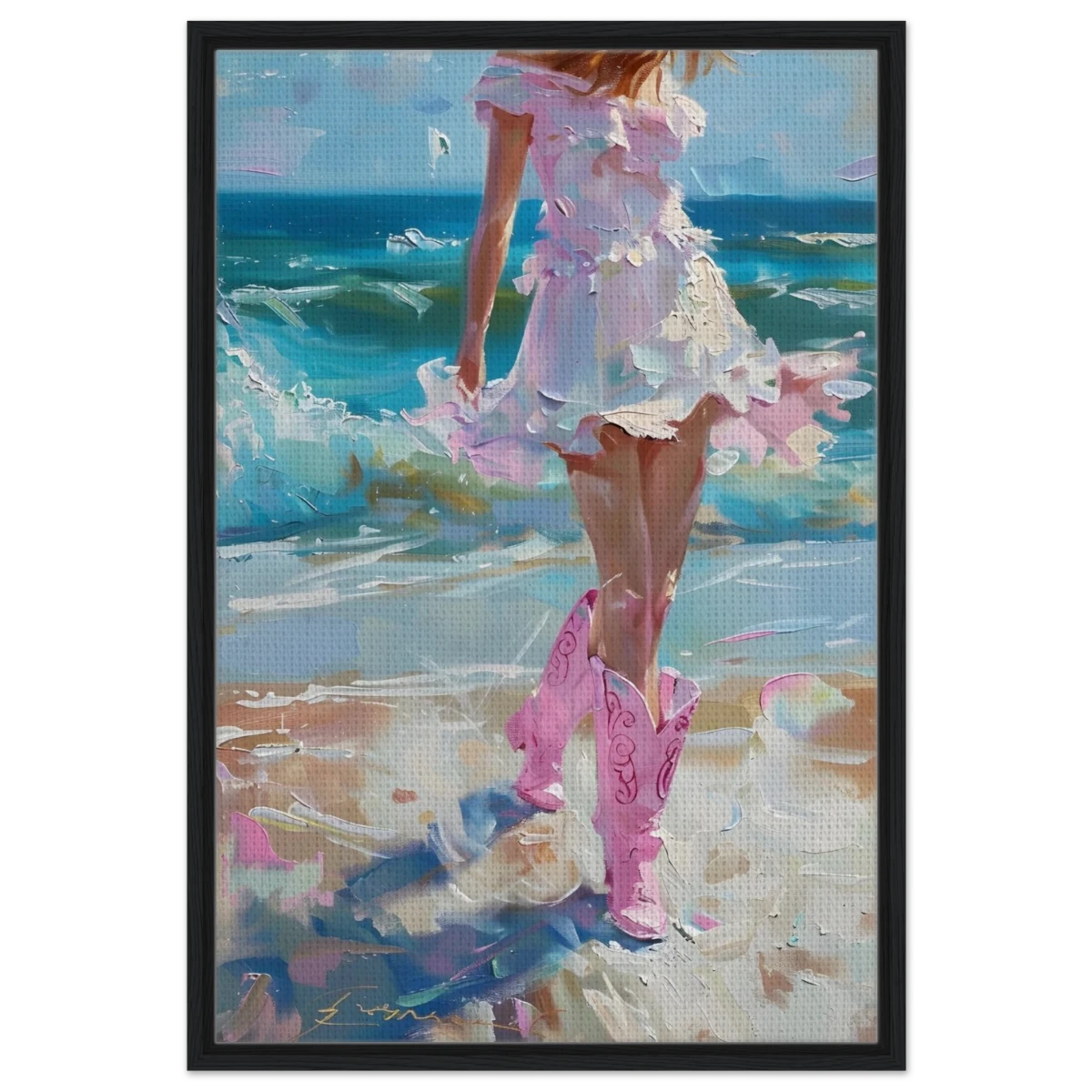 "Seaside Sass" – Pink Boots & Ocean Breeze | Wall Art Print - Framed Canvas - 60x90 cm / 24x36″ - Black frame