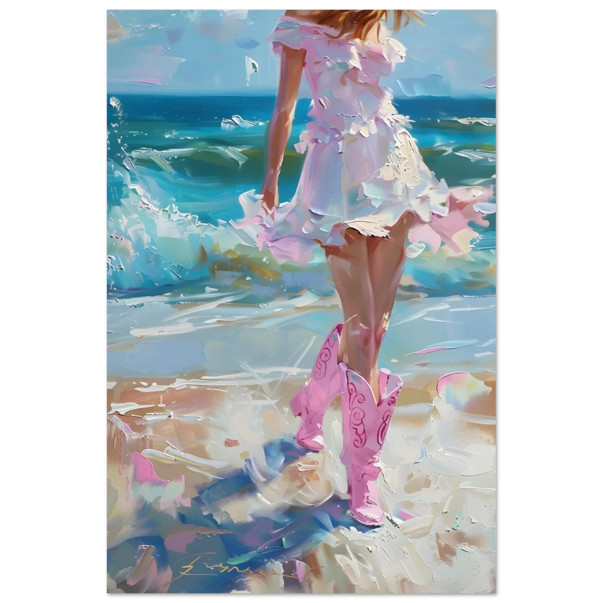 "Seaside Sass" – Pink Boots & Ocean Breeze | Wall Art Print - Fine Art Poster - 30x45 cm / 12x18″ -