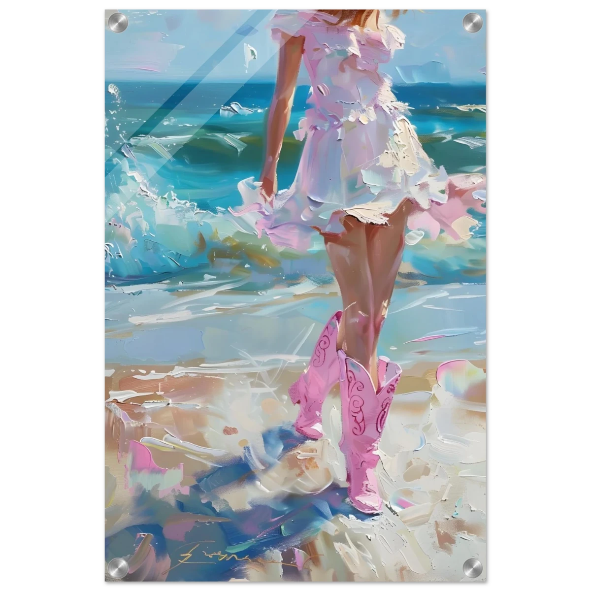 "Seaside Sass" – Pink Boots & Ocean Breeze | Wall Art Print - Acrylic Print - 40x60 cm / 16x24″ -