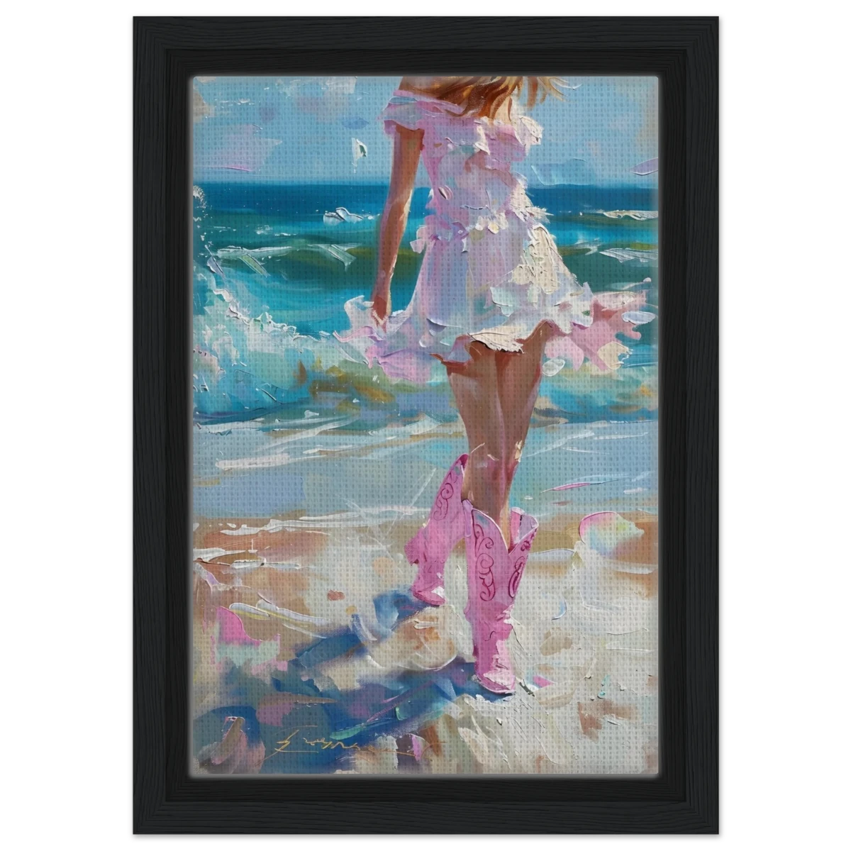 "Seaside Sass" – Pink Boots & Ocean Breeze | Wall Art Print - Framed Canvas - 20x30 cm / 8x12″ - Black frame