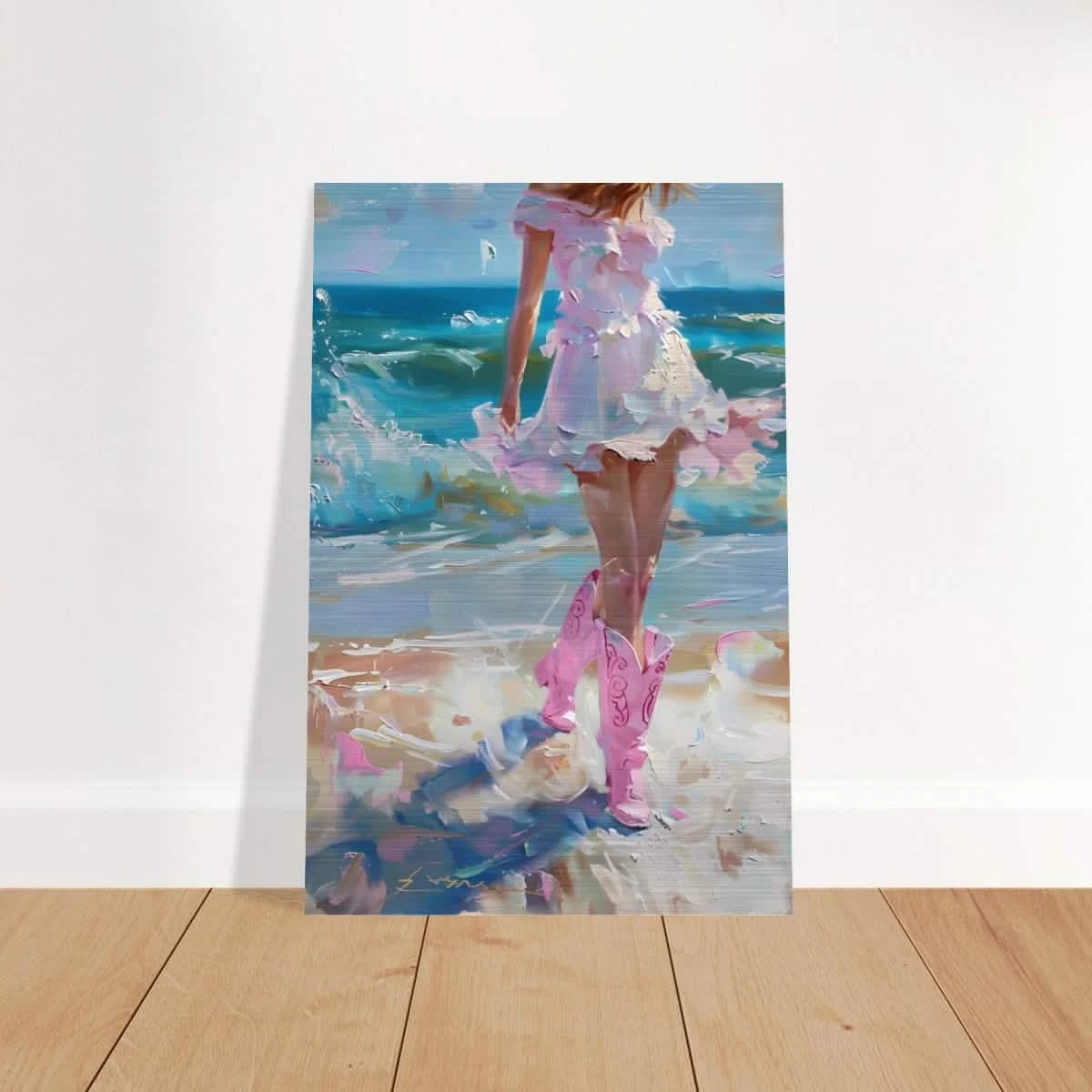 "Seaside Sass" – Pink Boots & Ocean Breeze | Wall Art Print - Brushed Aluminum Print - 30x45 cm / 12x18″ -