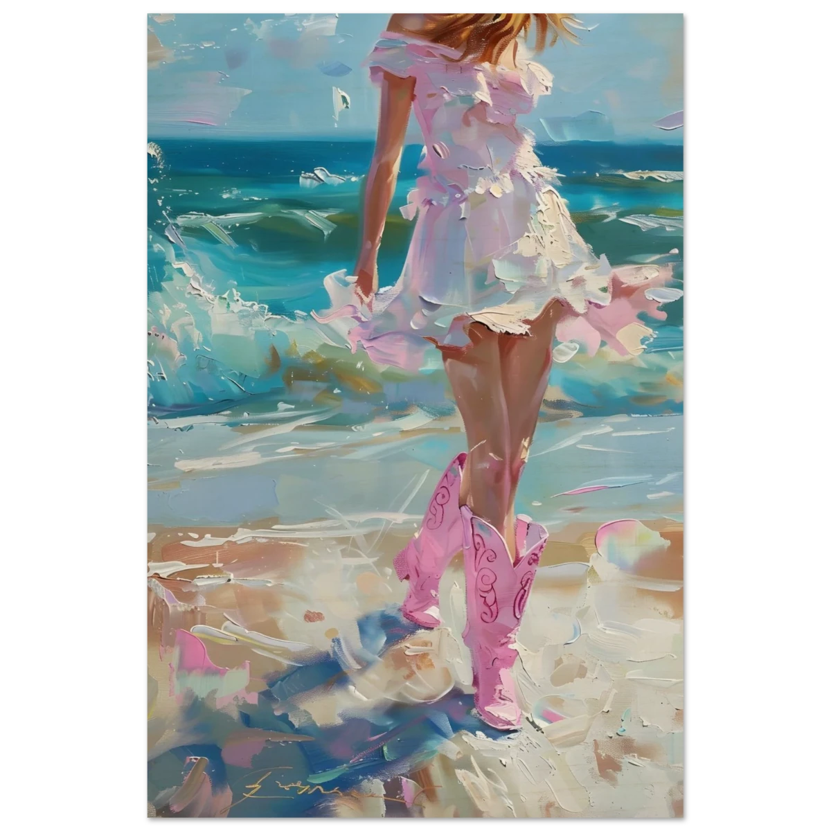 "Seaside Sass" – Pink Boots & Ocean Breeze | Wall Art Print - Wood Prints - 30x45 cm / 12x18″ -