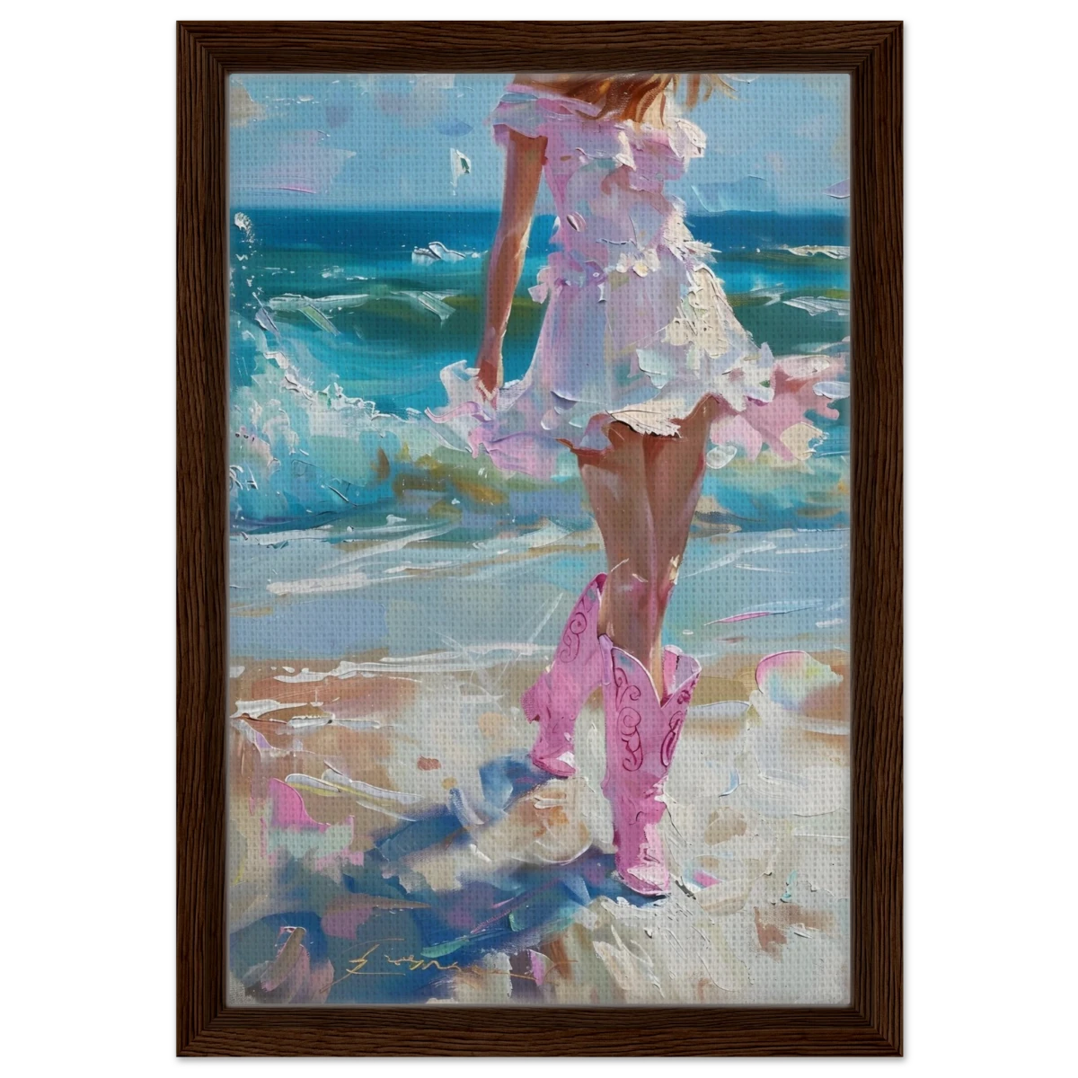 "Seaside Sass" – Pink Boots & Ocean Breeze | Wall Art Print - Framed Canvas - 30x45 cm / 12x18″ - Dark wood frame