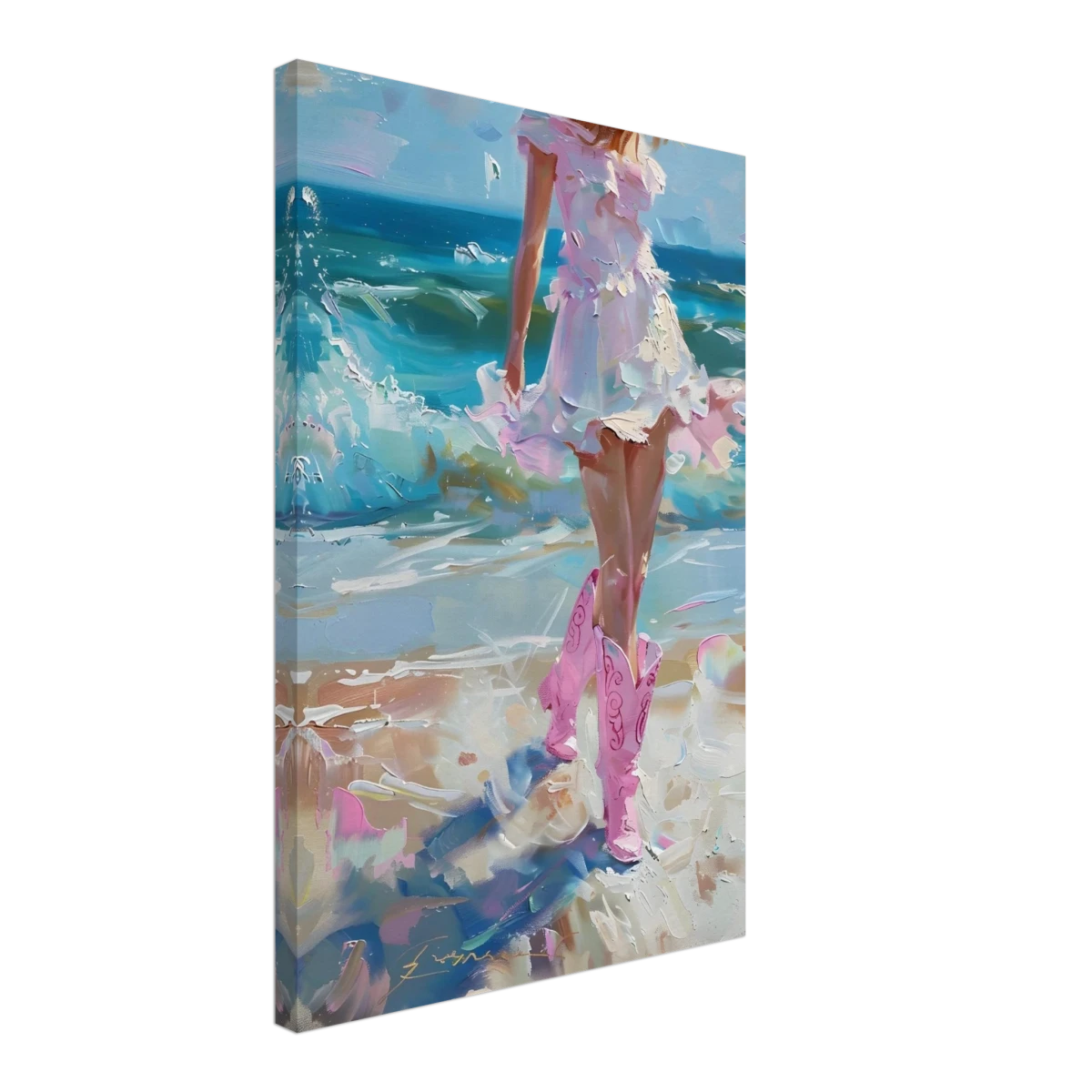 "Seaside Sass" – Pink Boots & Ocean Breeze | Wall Art Print - Canvas - 40x60 cm / 16x24″ -