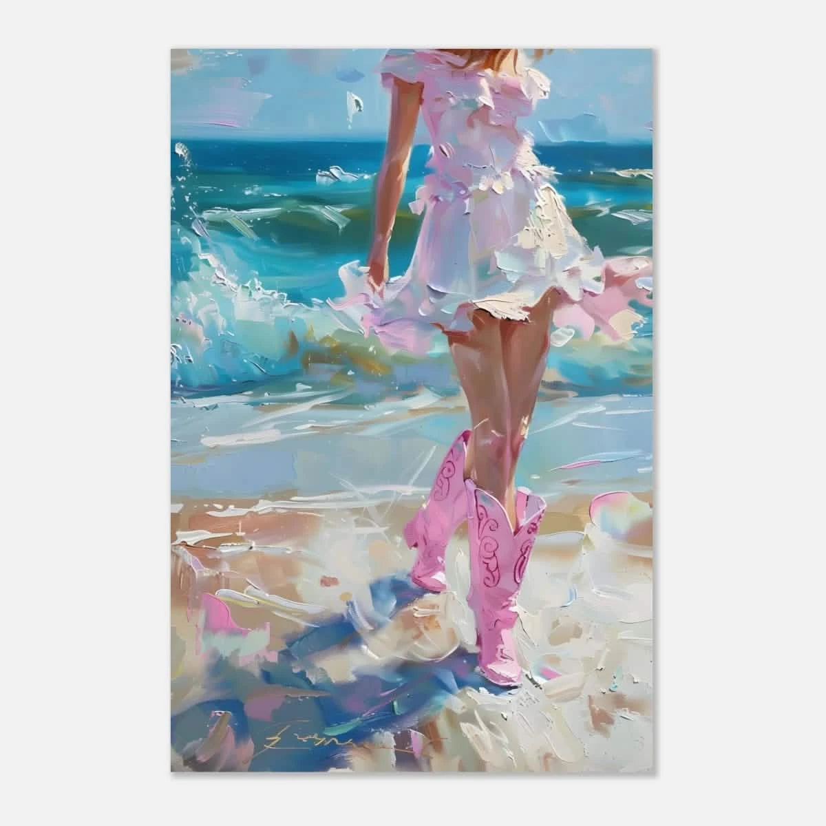 "Seaside Sass" – Pink Boots & Ocean Breeze | Wall Art Print - Aluminum Print - 40x60 cm / 16x24″ -