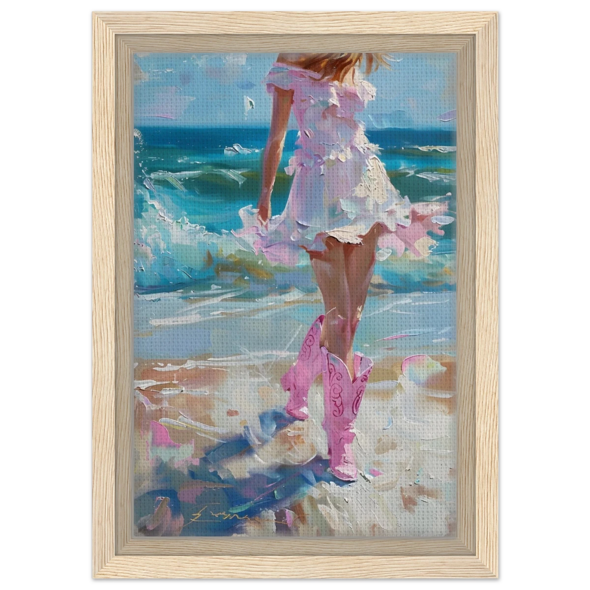 "Seaside Sass" – Pink Boots & Ocean Breeze | Wall Art Print - Framed Canvas - 20x30 cm / 8x12″ - Wood frame