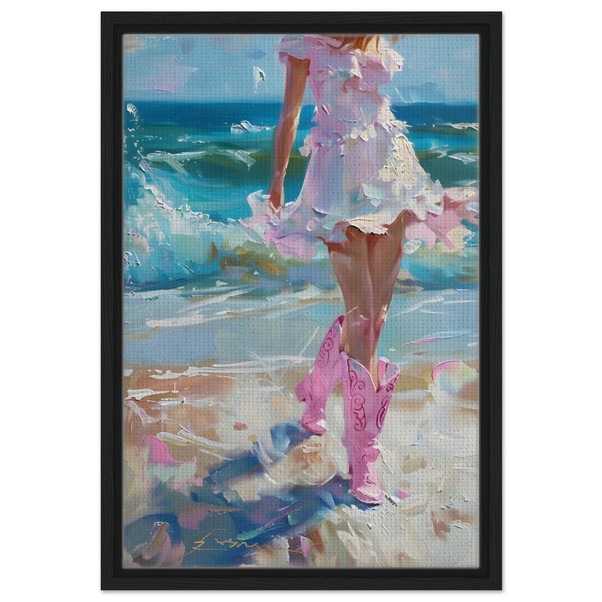"Seaside Sass" – Pink Boots & Ocean Breeze | Wall Art Print - Framed Canvas - 40x60 cm / 16x24″ - Black frame