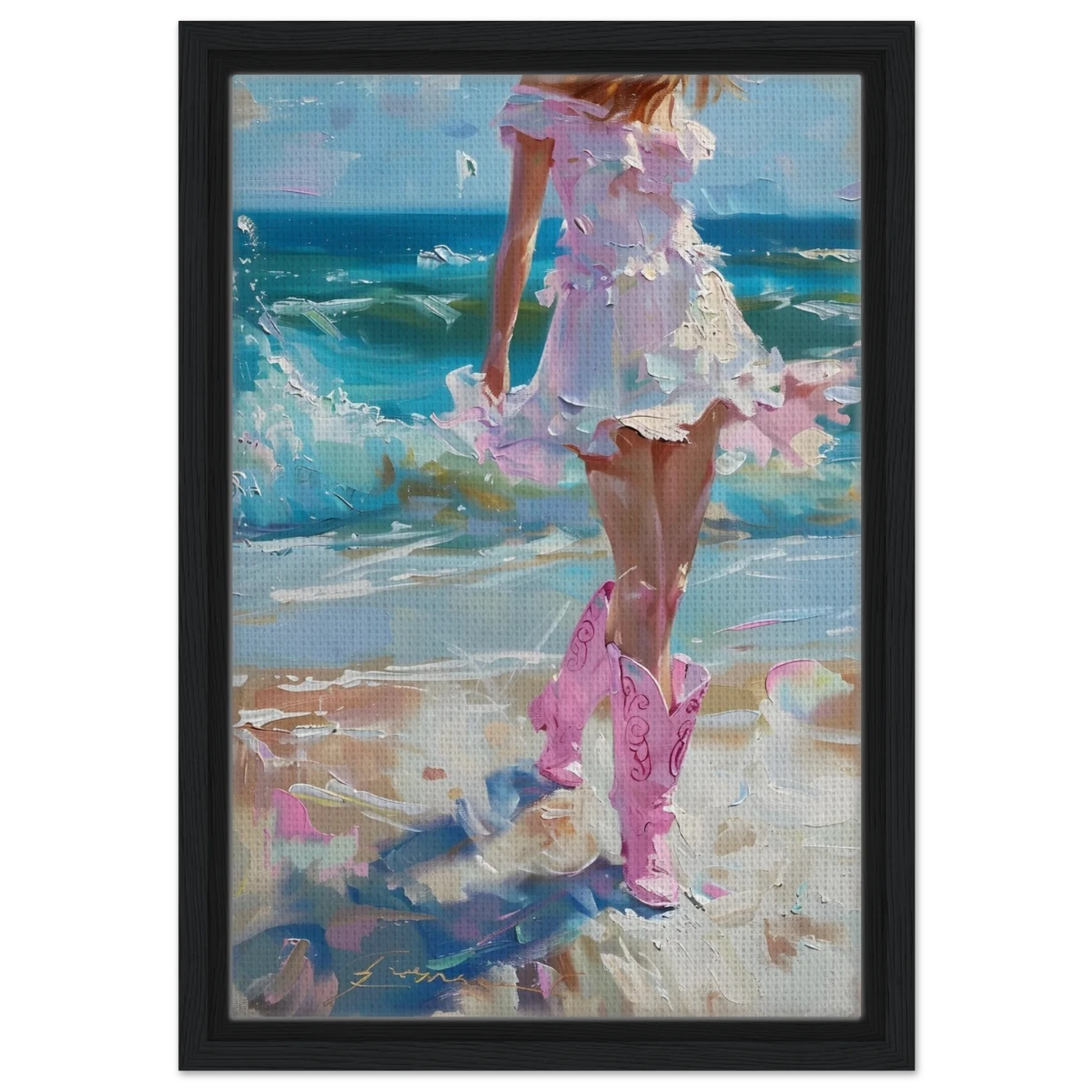 "Seaside Sass" – Pink Boots & Ocean Breeze | Wall Art Print - Framed Canvas - 30x45 cm / 12x18″ - Black frame