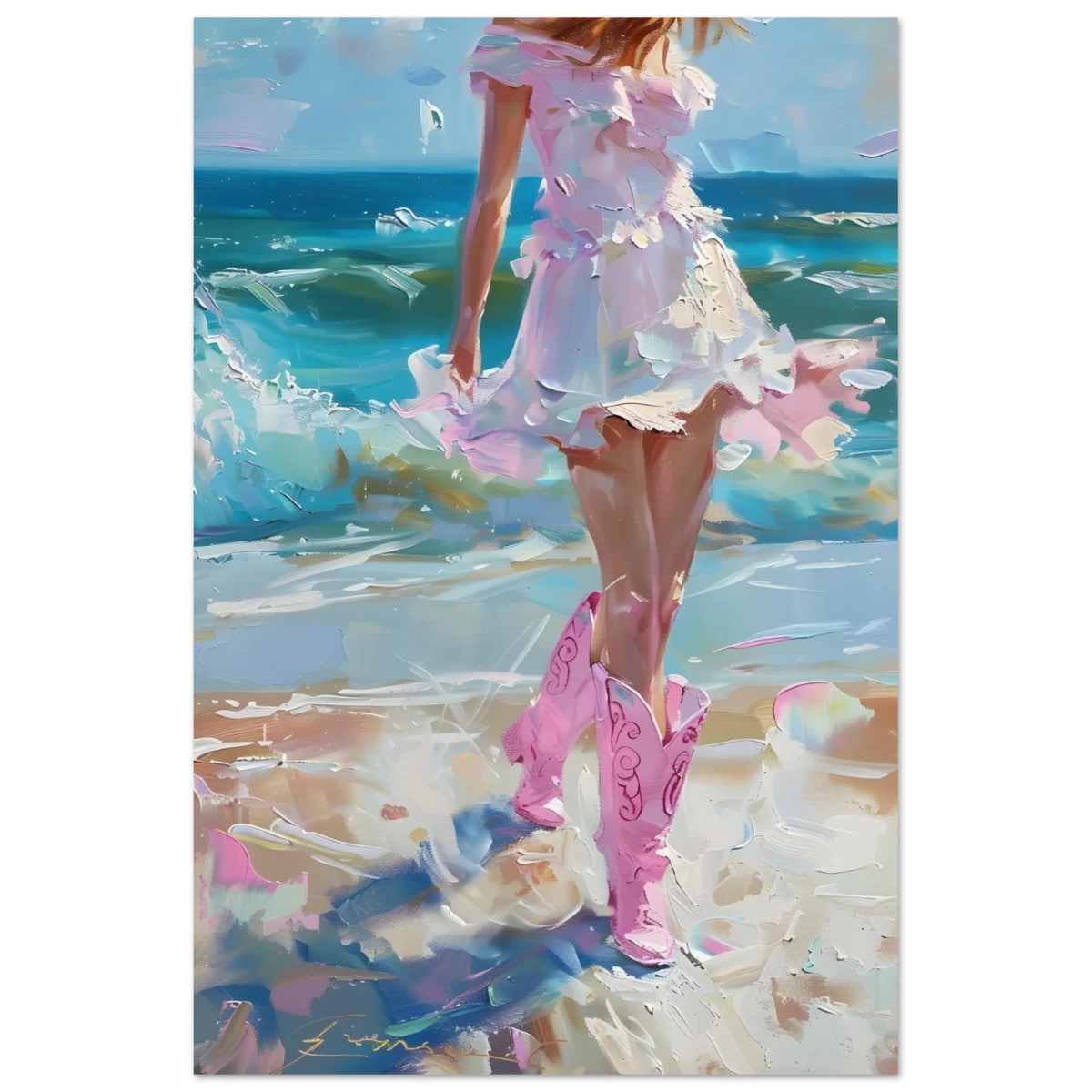 "Seaside Sass" – Pink Boots & Ocean Breeze | Wall Art Print - Fine Art Poster - 60x90 cm / 24x36″ -