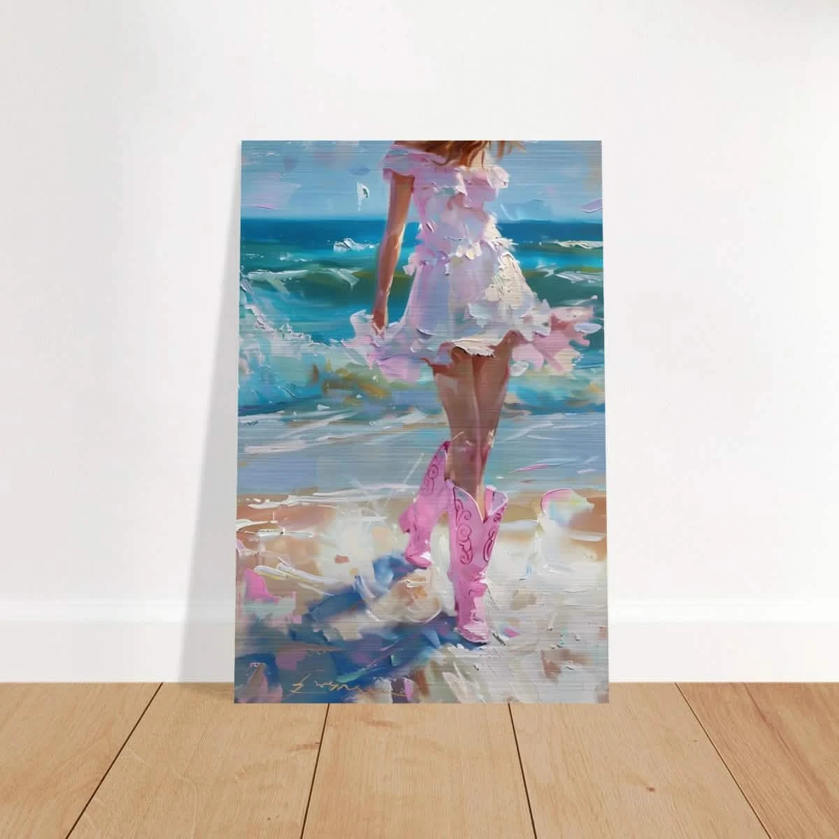 "Seaside Sass" – Pink Boots & Ocean Breeze | Wall Art Print - Brushed Aluminum Print - 60x90 cm / 24x36″ -