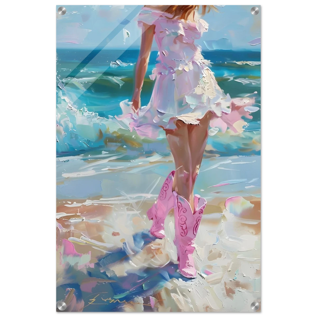 "Seaside Sass" – Pink Boots & Ocean Breeze | Wall Art Print - Acrylic Print - 50x75 cm / 20x30″ -