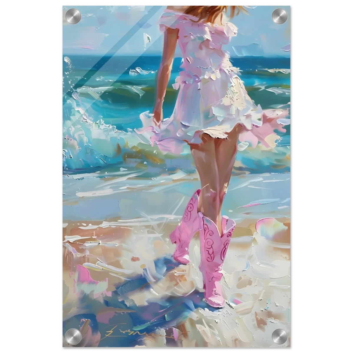 "Seaside Sass" – Pink Boots & Ocean Breeze | Wall Art Print - Acrylic Print - 30x45 cm / 12x18″ -
