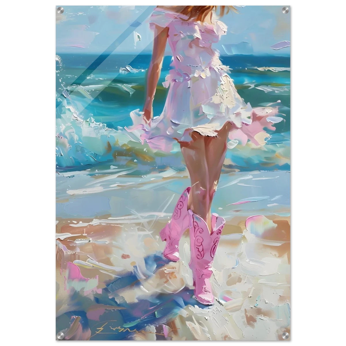 "Seaside Sass" – Pink Boots & Ocean Breeze | Wall Art Print - Acrylic Print - 70x100 cm / 28x40″ -