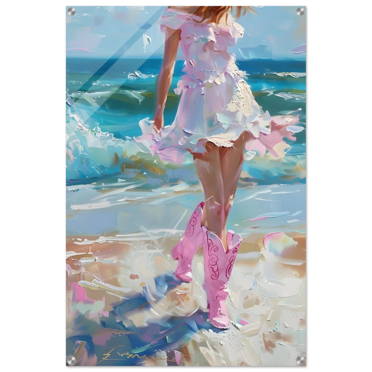 "Seaside Sass" – Pink Boots & Ocean Breeze | Wall Art Print - Acrylic Print - 60x90 cm / 24x36″ -