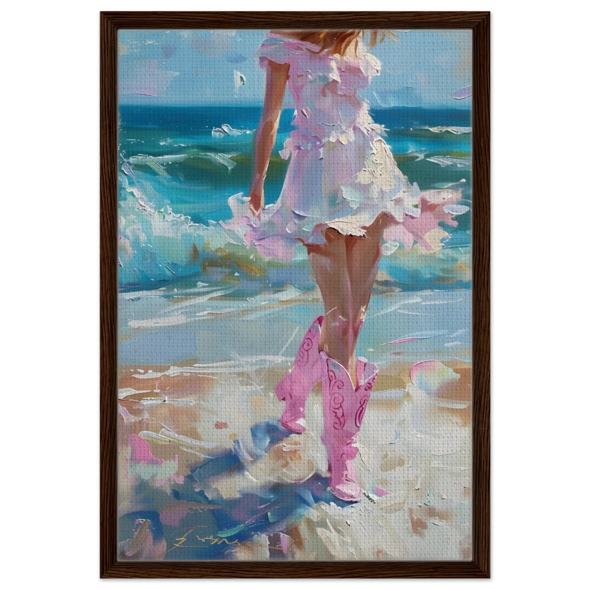 "Seaside Sass" – Pink Boots & Ocean Breeze | Wall Art Print - Framed Canvas - 50x75 cm / 20x30″ - Dark wood frame